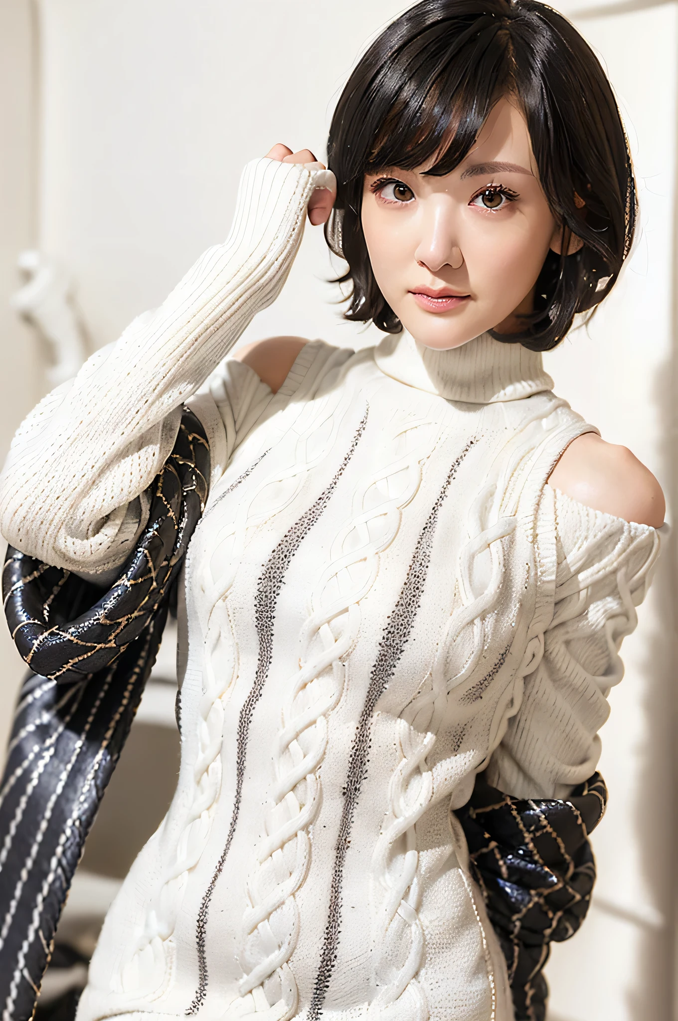 full body, (turtleneck cable knit oversized sweater dress:1.2), wool, 1girl,solo,
(8k, RAW photo, best quality, masterpiece:1.3),(realistic, photo-realistic:1.37),realistic skin texture,(photorealistic:1.3),(hyperrealistic:1.2), (short hair:1.4) , leaning forward, (white colored clothes:1.9), (narrow shoulders:1.7)