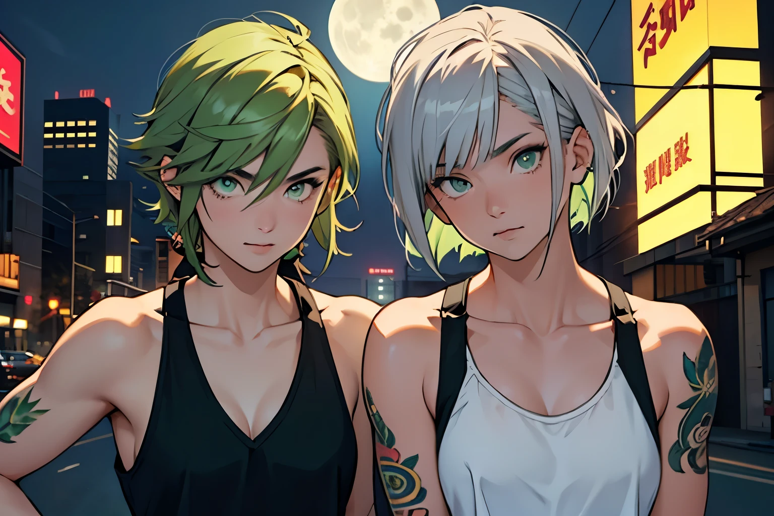 Portraiture, 2 girls,16 years old、Tank top、, Asymmetrical Hair, The girl on the right has grey hair, The girl on the left has green hair、green hair、、tattoo, ,Green Eyes, , cute, Magnificent night view、 ,Short Bob Cut、Long Hair、Upper Body、Yellow RX-7 in the background、sports car、full moon、Midnight