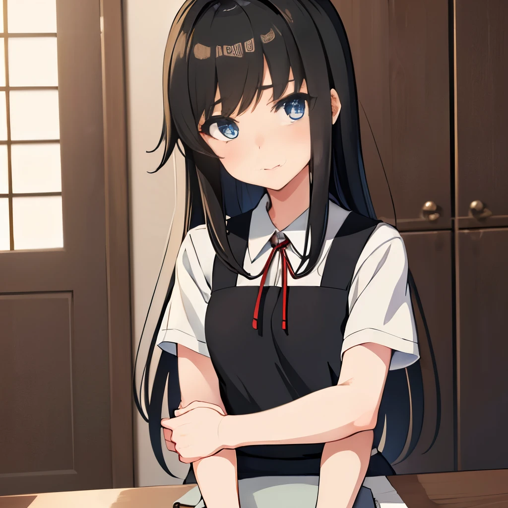 Black apron dress, Red ribbon, Black Hair, Straight hair, Half Long Hair, blue eyes, best eyes, The best face, anime nose, Anime Mouth, closed Anime Mouths, (masterpiece, highest quality:1.4), (Very detailed:1.2), figure, Picturesque,Proud look, With confidence,