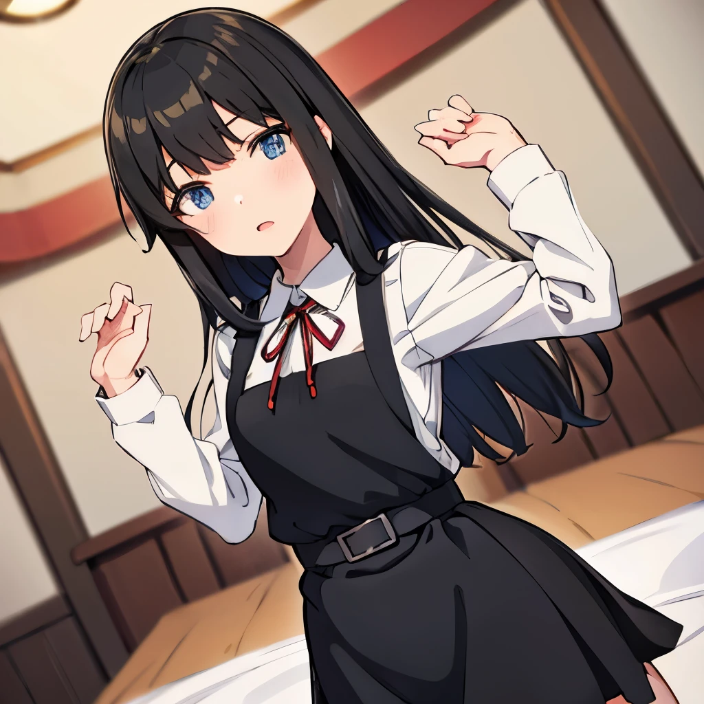 Black apron dress, Red ribbon, Black Hair, Straight hair, Half Long Hair, blue eyes, best eyes, The best face, anime nose, Anime Mouth, closed Anime Mouths, (masterpiece, highest quality:1.4), (Very detailed:1.2), figure, Picturesque,Proud look, With confidence,