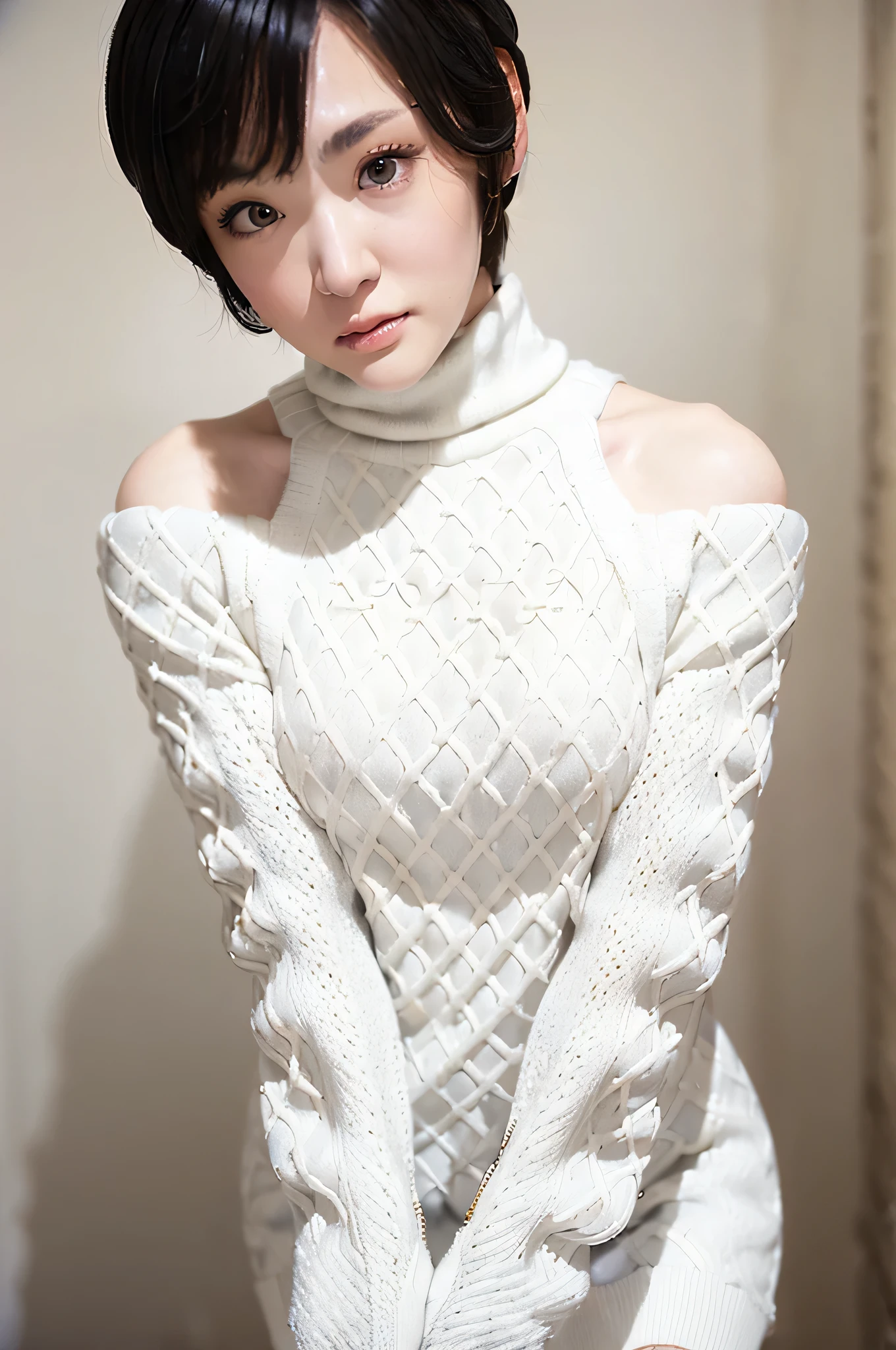 full body, (turtleneck cable knit oversized sweater dress:1.2), wool, 1girl,solo,
(8k, RAW photo, best quality, masterpiece:1.3),(realistic, photo-realistic:1.37),realistic skin texture,(photorealistic:1.3),(hyperrealistic:1.2), (short hair:1.4) , leaning forward, (white colored clothes:1.9), (narrow shoulders:1.7)
