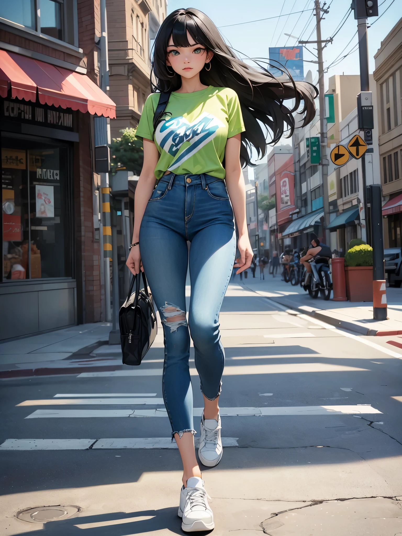 masterpiece, highest quality, solo, solo focus, (perfect face:1.1), (high detail:1.1), street brawler, los angeles street backdrop, black hair, long hair, side-swept bangs, green eyes, green stripped t-shirt, blue jeans, sneakers, walking, full body shot, cowboy shot