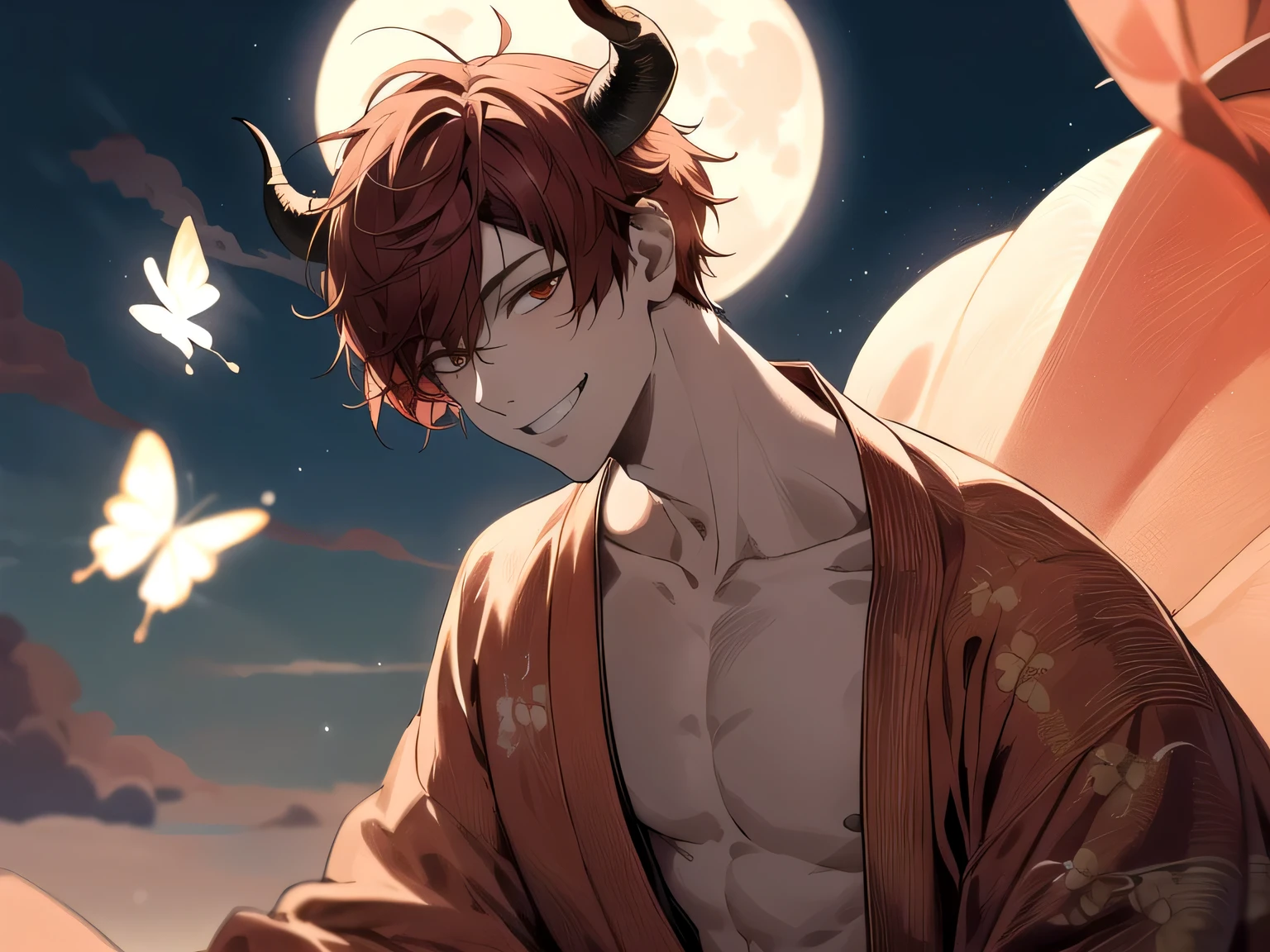 Dynamic Angle,masterpiece,male,one person,Upper Body, Face close-up,Short Red Hair, has horns on its head,tooth,Bright atmosphere, smile,Brown skin, Dressed in a kimono and barefoot,Many light butterflies fluttering about,Night One Full Moon