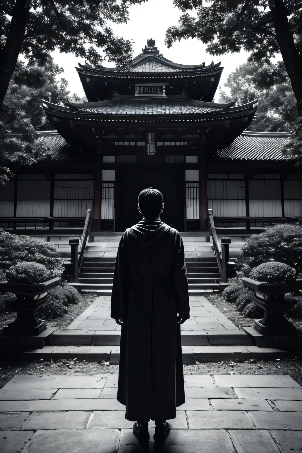 Japan、in the forest、old temple、A ruined temple in the background、A Japanese monster stands in front of the temple、The monster is a man、Full body portrait、Dark shade、monochrome room、Black and White、Devil、devil、ghost、Ultra-realistic、black、dark、The neck and right hand are metal.、fog、Fantasy、Dark fantasy、Monochrome、Creepy