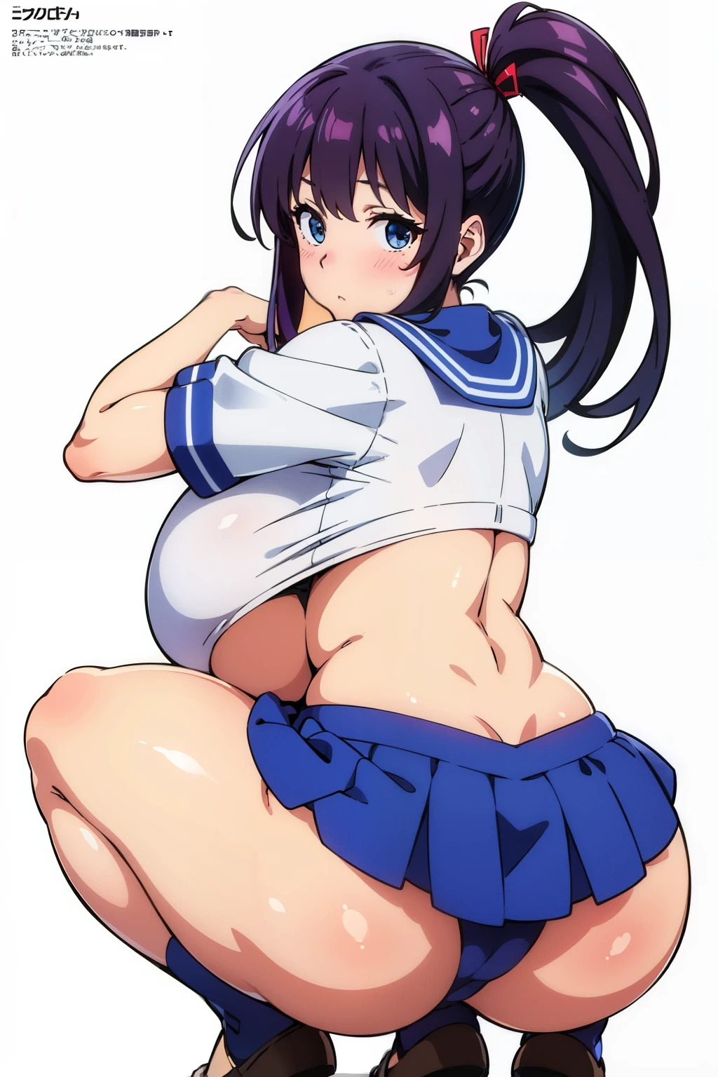 (gigantic breasts:1.6), Anime cel drawing style, Best Quality, High resolution, gigantic breasts:1.8, bra, White sailor suit, Short sleeves, red neckerchief, Blue skirt, blue eyes, Purple hair, Bangs, Side Ponytail, Hair Ornament, embarrassed, fear, blush, looking at viewer, Full body, cowboy shot:1.6, squatting upskirt