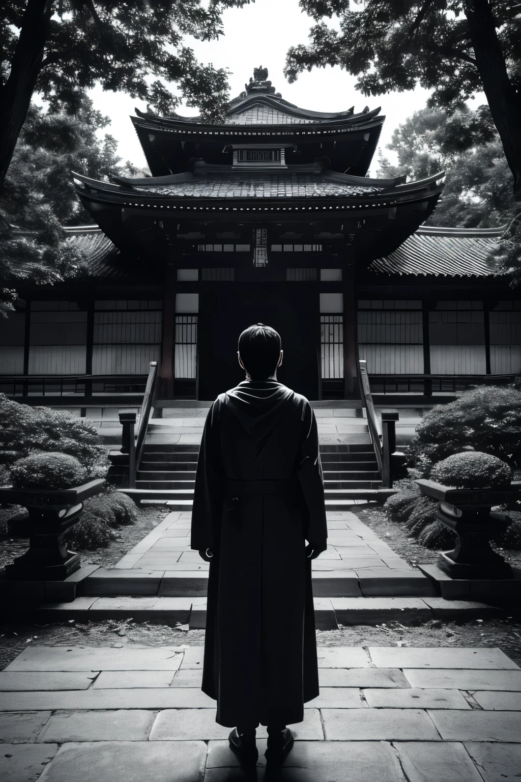 Japan、in the forest、old temple、A ruined temple in the background、その寺の前にJapanの妖怪が立つ、The monster is a man、Full body portrait、dark色合い、Monochromeーム、Black and White、Devil、devil、ghost、Ultra-realistic、black、dark、The neck and right hand are metal.、fog、Fantasy、Dark fantasy、Monochrome、Creepy