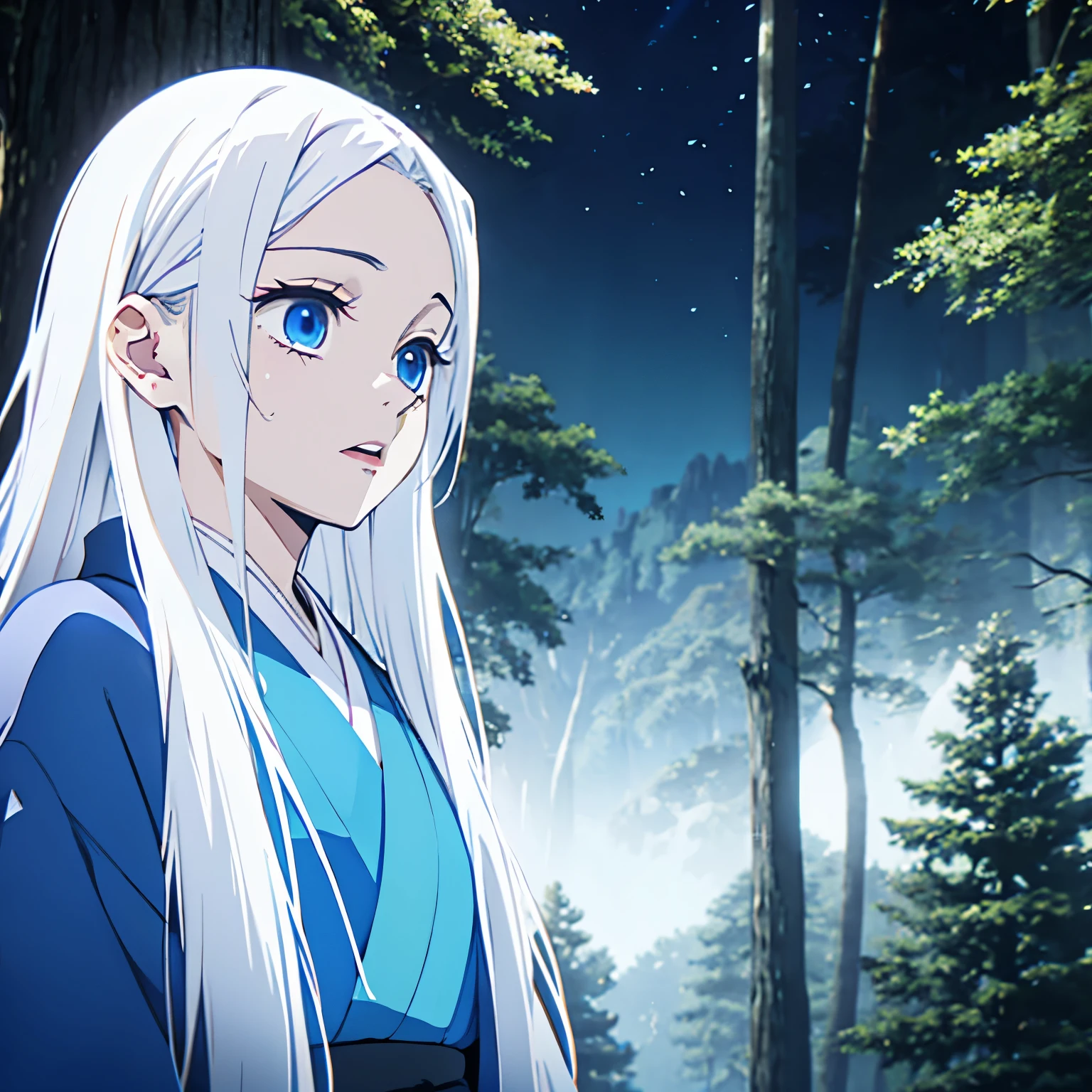 (1 girl, White long straight hair, blue eyes), blue kimono, white hair, (from front), face focus, ((opened mouth)), a shocked look, ((shout)), (half-up half-down hairstyle), Japanese animation color style, vivid colors, from front, front shot, night time, (16 years old girl), dark forest, trees, mountain, little sweating, from below