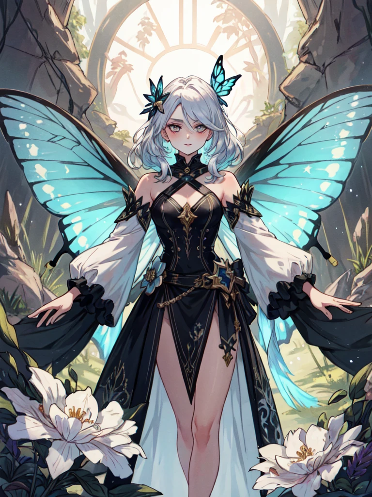a vision of fey beauty, with androgynous features framed by cascading silver hair adorned with delicate flowers and shimmering butterfly wings that flutter behind him. His eyes hold a mischievous sparkle, reflecting the ever-changing hues of the enchanted forest. He dresses in elaborate, enchanting attire that seems to shift and change with his mood, embodying the whimsy of the fey realms.
