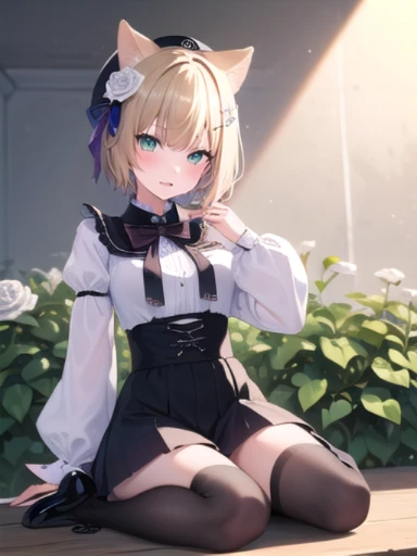 (masterpiece:1.3),((High resolution)),((high quality)),((Super detailed))、One girl、Perfect balance、Perfect Face、Detailed face、Cute face、beautiful詳細な目、Expressive eyes、Cute eyes、Shiny eyes、Perfect body、beautiful体、Highless、Walnut noa、Short Hair、Animal ears、beret、Black Hat、Hair Flowers、White Rose、Barrette、black bow tie、brooch、White shirt、Black Dress、Long sleeve、Puffy sleeves、Black Skirt、(head shot)、Embarrassing、blush、beautiful女の子、Cute face、beautiful顔、Cute face、beautiful、Best Quality、good anatomy、smile、Closed Mouth、((Full Body)),((Super detailedな背景)), Mistress Pose, ((8K Wallpaper)) , Watching the audience, Moody lighting, In-person audience、wariza、Sitting in the grass,(girl sitting)、From below、field、whole body