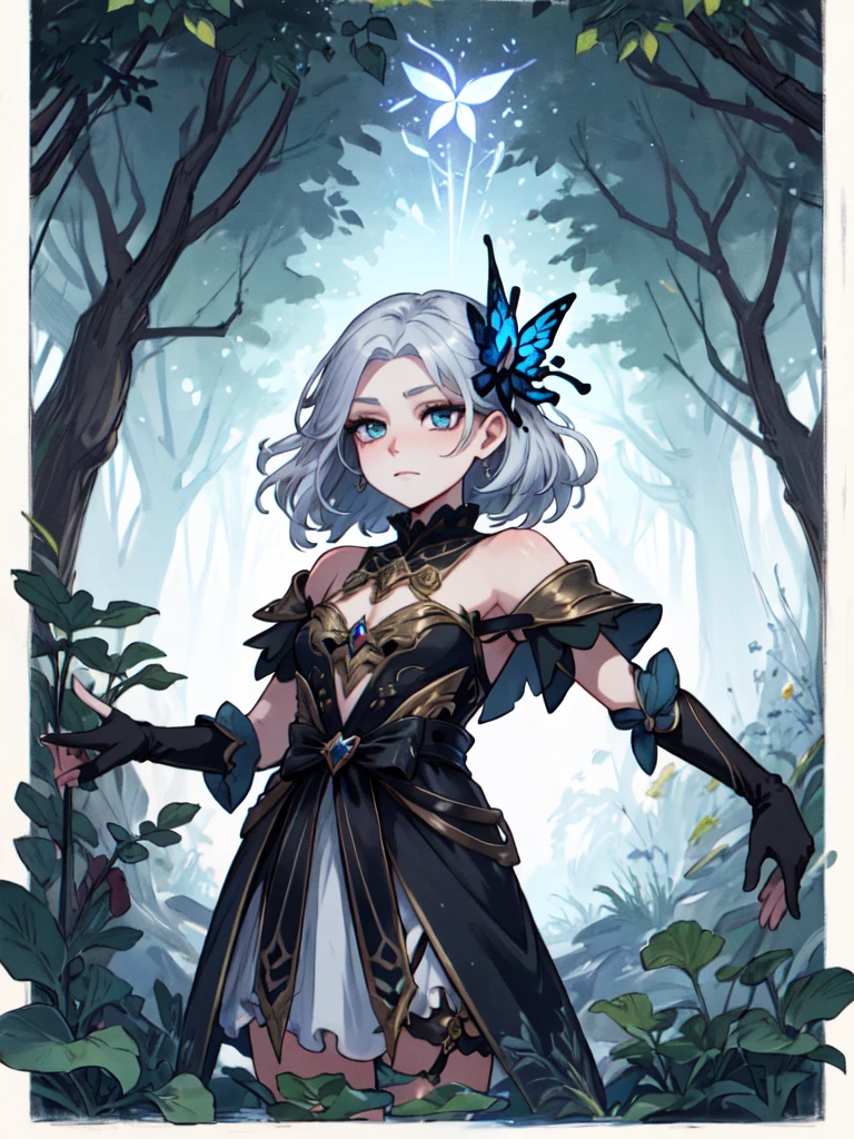 a vision of fey beauty, with androgynous features framed by cascading silver hair adorned with delicate flowers and shimmering butterfly wings that flutter behind him. His eyes hold a mischievous sparkle, reflecting the ever-changing hues of the enchanted forest. He dresses in elaborate, enchanting attire that seems to shift and change with his mood, embodying the whimsy of the fey realms.