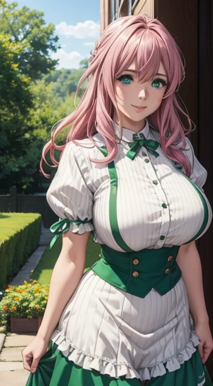 Cute girl, big breasts , long open hair, green color full sleeve clothes, white apron, green eyes and pink hair, short skirt, ultra realistic eyes , sunlight and garden background, bright purple eyes, ultra realistic detailed eyes, innocent eyes, looking at camera, beautiful smile, beautiful face ,pink color hair