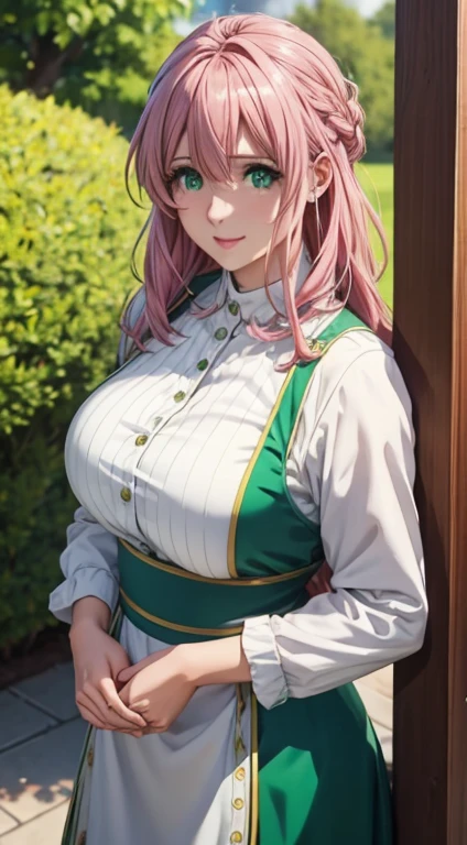 Cute girl, big breasts , long open hair, green color full sleeve clothes, white apron, green eyes and pink hair, short skirt, ultra realistic eyes , sunlight and garden background, bright purple eyes, ultra realistic detailed eyes, innocent eyes, looking at camera, beautiful smile, beautiful face ,pink color hair