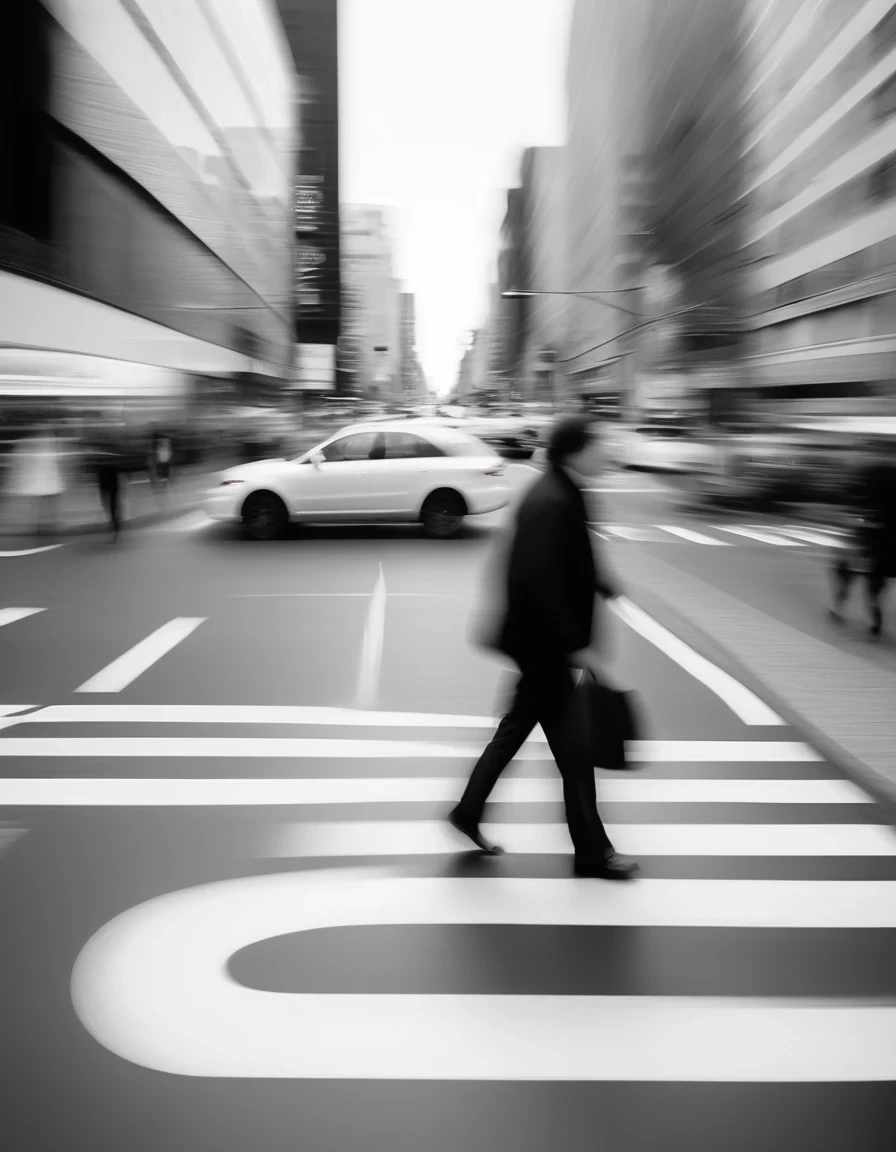 Motion blur, motion blur, black and white close-ups, (lots of people walking at high speeds at city intersections), crosswalks, high speed cars and city backgrounds motion blur, background blur, professional fashion photography, super macro, super detailed textures, poster style, minimalist, Nikon, Hasselblad, Canon, Fujifilm, 16K