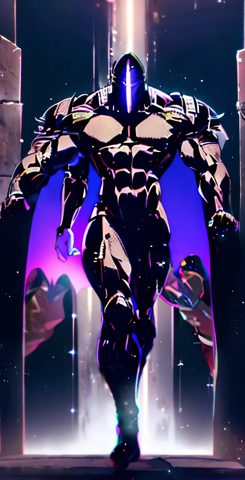 I want you to create a God with all black cosmic Galaxy skin walking through a dark Temple with dreamlike fog. He is wearing a black cape. (Male), strong jawline, 10 pack abs, (black cosmic colored skin), (masculine body type).huge muscles, exaggerated muscles, mature man, muscle swelling, bodybuilding, chest muscles, abdominal muscles, 