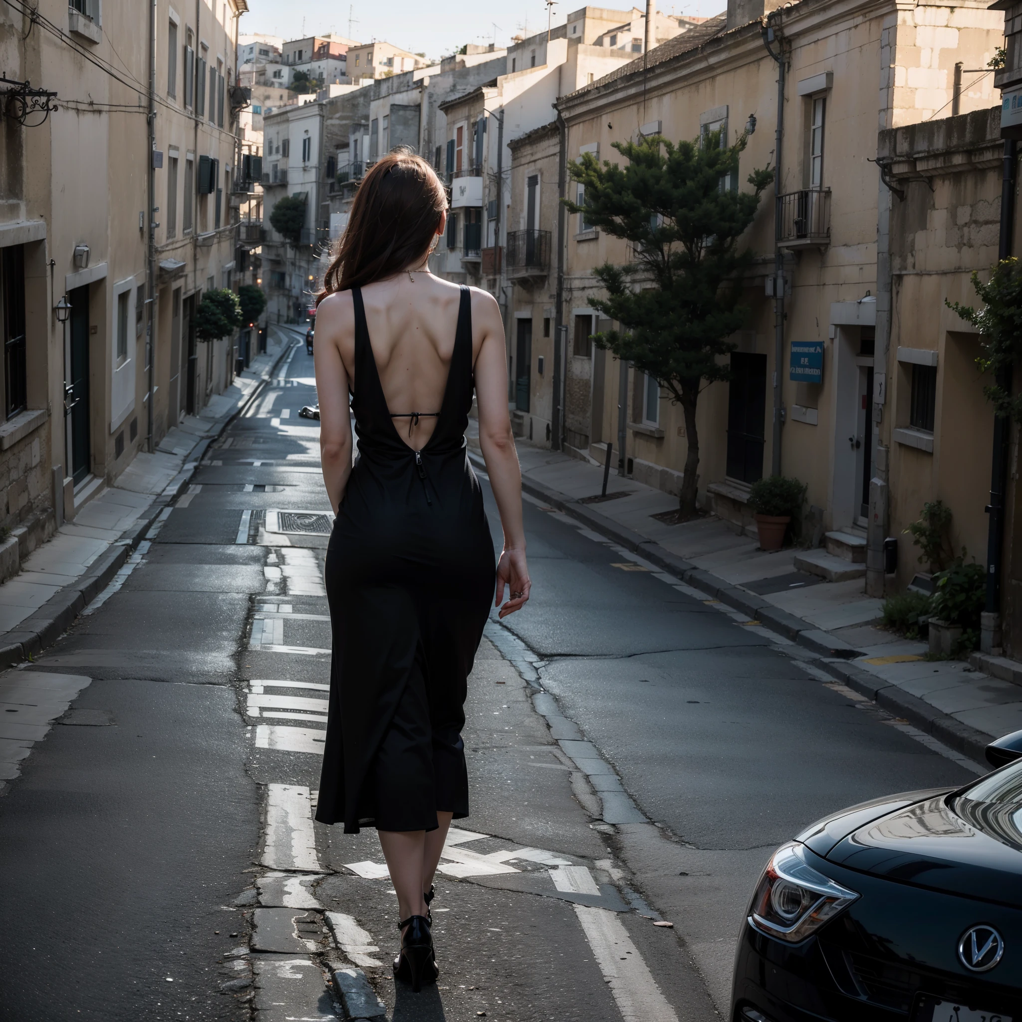 sassi_di_matera, (a religious Italian woman climbs a country road towards a church in the hills), a church at the top of the hill, ((gorgeous Lady walking in the streets of Matera. 1woman redhead wearing a night black dress with open back)), atmospheric oliva lighting, 4k UHD, dark vibes, hyper detailed, vibrant colours red sky background, epic composition, octane render, sharp focus, high resolution isometric, wide angle. (sassi_di_matera)