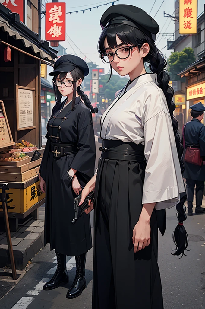 two girls,Gray bob hair,A girl with glasses and black hair in two braids,Dark blue beret,kimono,uniform,Rounded trousers down to the knee,Military boots、Fighting with a gun,Night food stalls,Night festival,Coal mine,underground,Taisho period,Japan,Many billboards,Chinese character