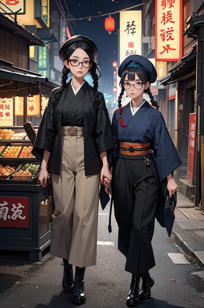 two girls,Gray bob hair,A girl with glasses and black hair in two braids,Dark blue beret,kimono,uniform,Rounded trousers down to the knee,Military boots、Fighting with a gun,Night food stalls,Night festival,Coal mine,underground,Taisho period,Japan,Many billboards,Chinese character