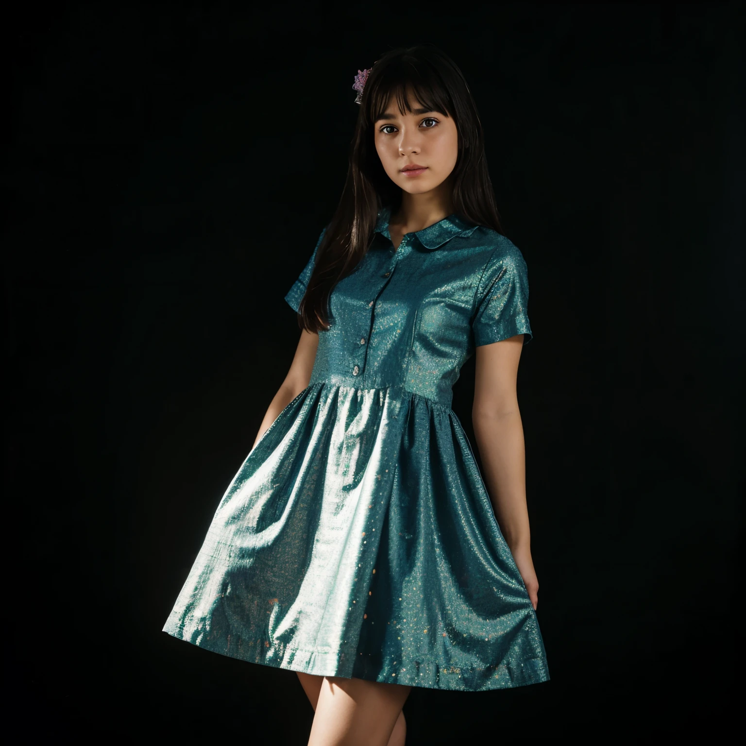 A girl wearing dress with peacook theme, masterpiece art, never ever yet, solid black background, one light focus to the girl