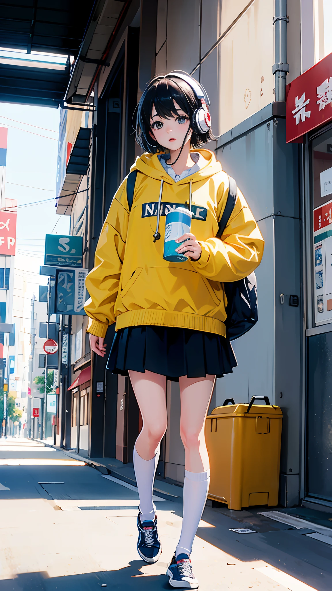 (masterpiece), (highest quality:1.4), (Ultra-high resolution:1.2),  Highly detailed background, (unity 8k wallpaper), Cute high school girl wearing headphones walking through the streets of Tokyo。Illustrations inspired by city pop culture、、Wear loose socks for a stylish and nostalgic look、Display one subject without splitting the screen