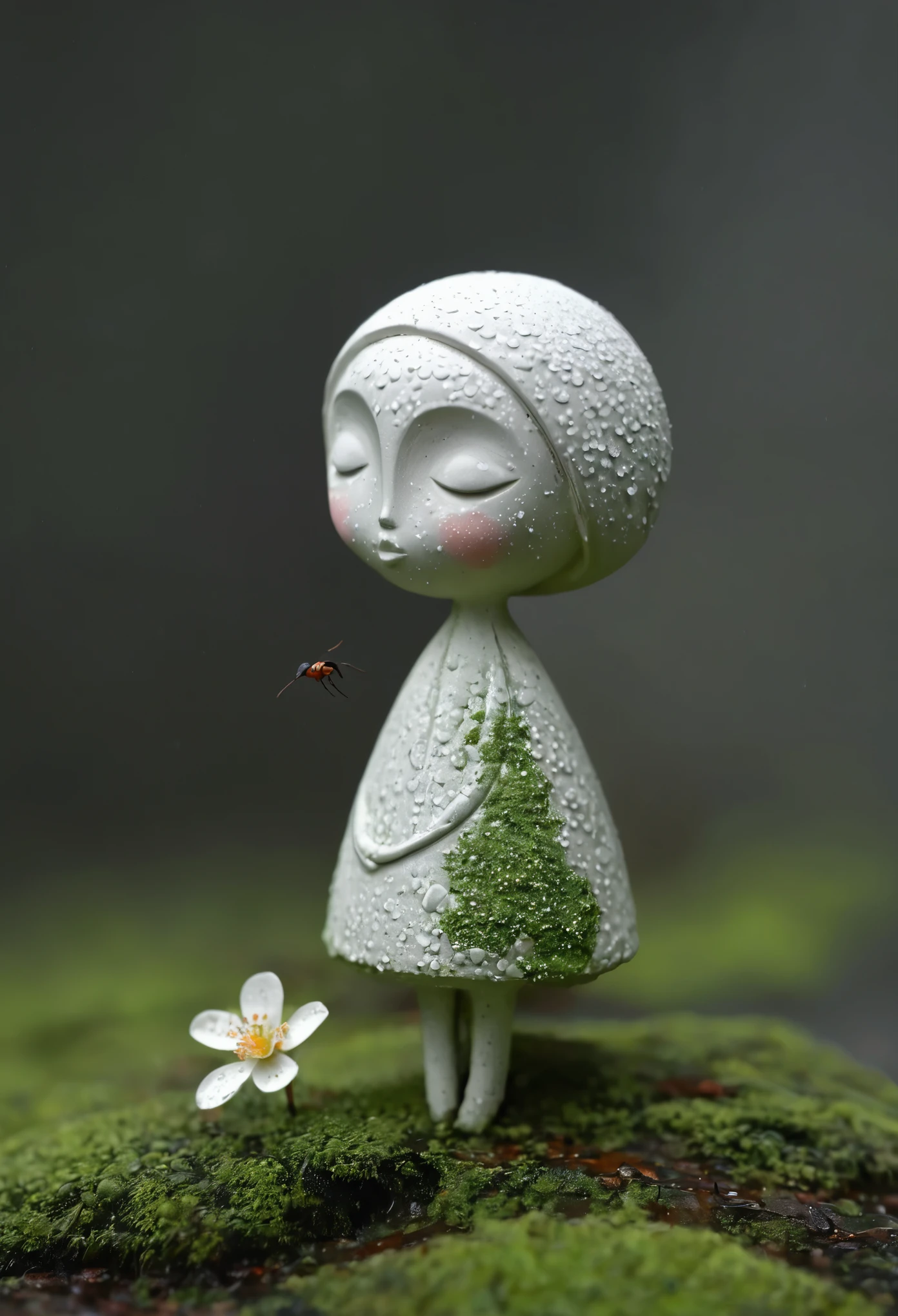 Abandoned clay sculpture，Minimalist Sculpture，3D， 1 girl, solitary,  blush,Rough surface，Surface patterns and textures，Surface scratches，grainy，old，shattered。moss，rain，A small white flower,an ant