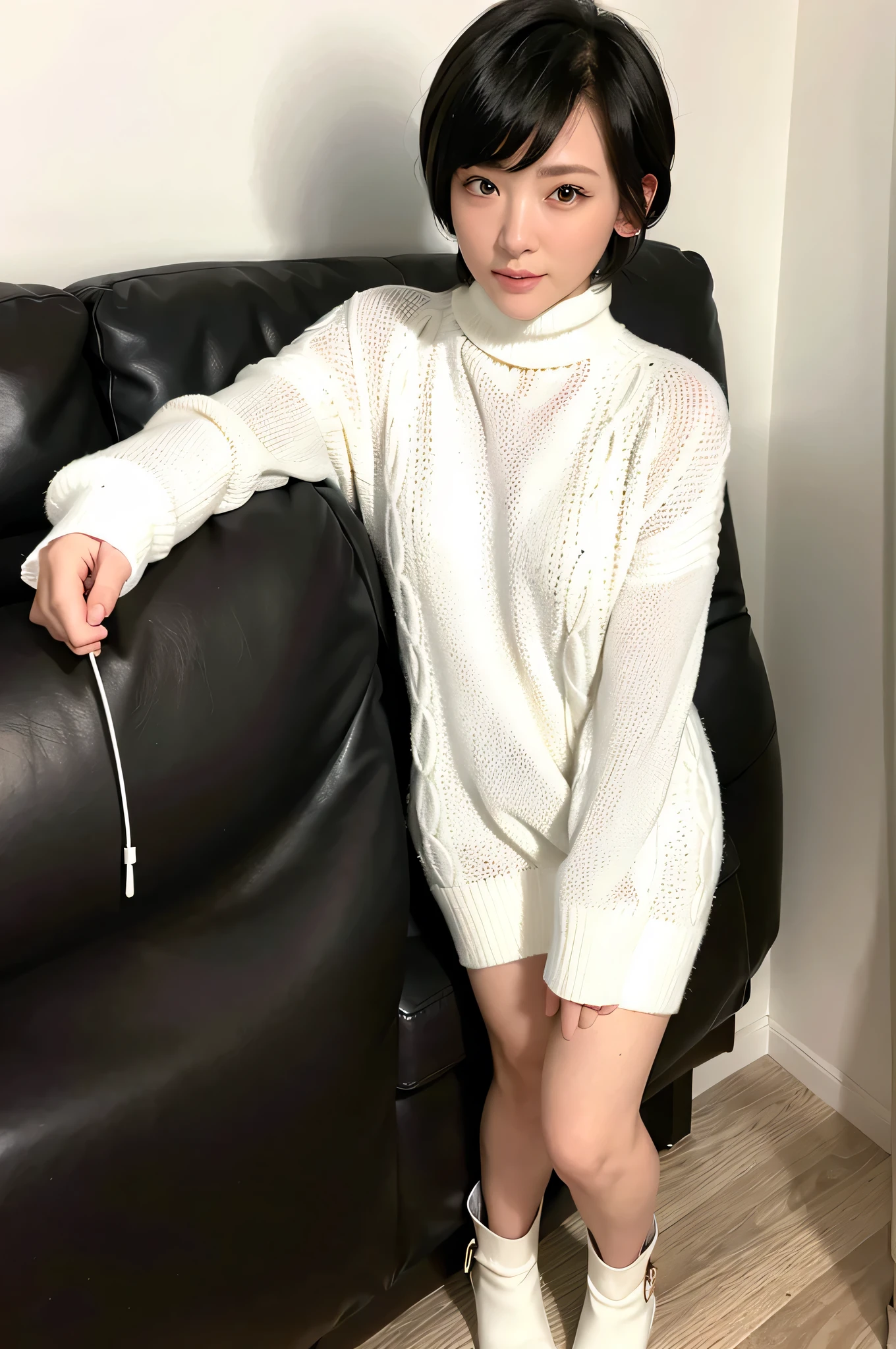 full body, (turtleneck cable knit oversized sweater dress:1.2), wool, 1girl,solo,
(8k, RAW photo, best quality, masterpiece:1.3),(realistic, photo-realistic:1.37),realistic skin texture,(photorealistic:1.3),(hyperrealistic:1.2), (short hair:1.4) , leaning forward, (white colored clothes:1.9)