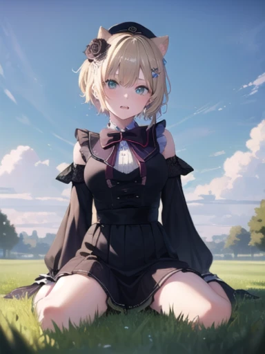 (masterpiece:1.3),((High resolution)),((high quality)),((Super detailed))、One girl、Perfect balance、Perfect Face、Detailed face、Cute face、beautiful詳細な目、Expressive eyes、Cute eyes、Shiny eyes、Perfect body、beautiful体、Highless、Walnut noa、Short Hair、Animal ears、beret、Black Hat、Hair Flowers、White Rose、Barrette、black bow tie、brooch、White shirt、Black Dress、Long sleeve、Puffy sleeves、Black Skirt、(head shot)、Embarrassing、blush、beautiful女の子、Cute face、beautiful顔、Cute face、beautiful、Best Quality、good anatomy、smile、Closed Mouth、((Full Body)),((Super detailedな背景)), Mistress Pose, ((8K Wallpaper)) , Watching the audience, Moody lighting, In-person audience、Sitting in the grass、From below、field、whole body