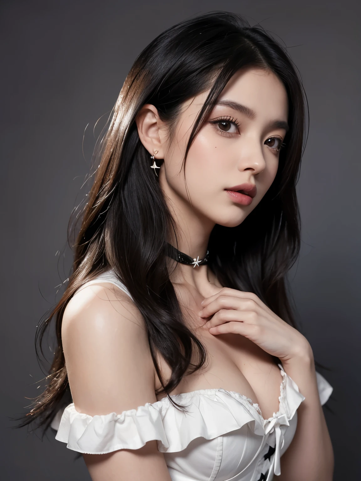 Kim Jennie con el cabello negro oscuro, con rulos en las puntas del cabello negro oscuro, con un ganchito de estrella en el cabello negro oscuro, ojos de color claro, ojos bonitos, nariz bonita y respingada, labios bonitos, labios rosas, heart and cupid shaped lip, piel bonita, piel blanca, con lunares y pecas en todo el rostro, rubor rosa suave en las mejilla, rubor rosa natural, dark and gothic makeup, Jennie gotica, cuello bonito, noticeable collarbones, mirada enojada, con un collar, un collar bonito de beso, mientras tiene un Corset rosa, Corset rosa bonito, vestido con un Corset rosa, mientras muestra sus pechos desnudos, mientras tiene los pezones con dos corazones de papel rosa, tiene los pezonnes con corazones de papel rosa (pechos grandes, pechos suaves, pechos bonitos, pechos naturaleirando a la camara, autofoto