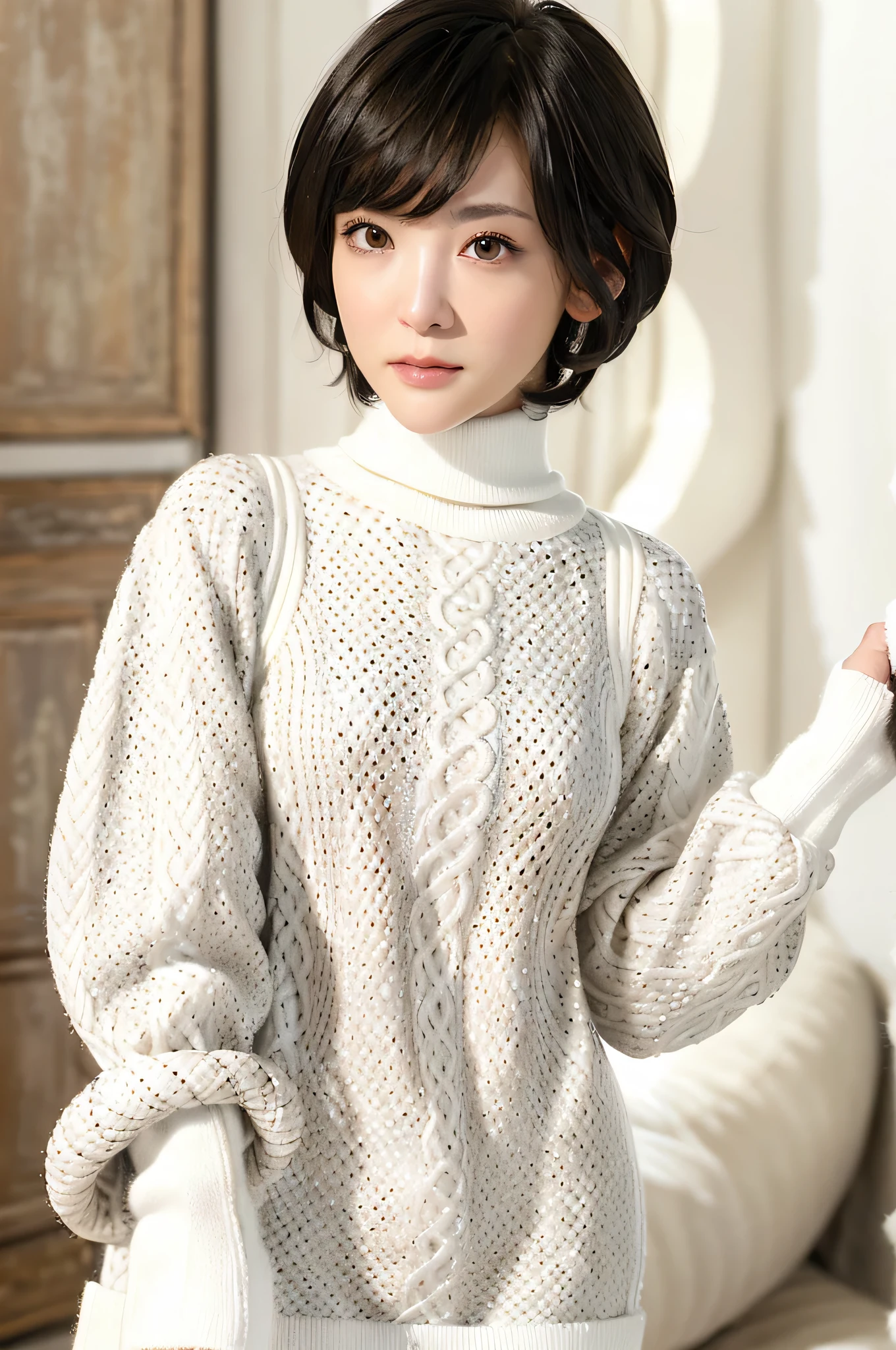 full body, (turtleneck cable knit oversized sweater dress:1.2), wool, 1girl,solo,
(8k, RAW photo, best quality, masterpiece:1.3),(realistic, photo-realistic:1.37),realistic skin texture,(photorealistic:1.3),(hyperrealistic:1.2), (short hair:1.4) , leaning forward, (white colored clothes:1.9)
