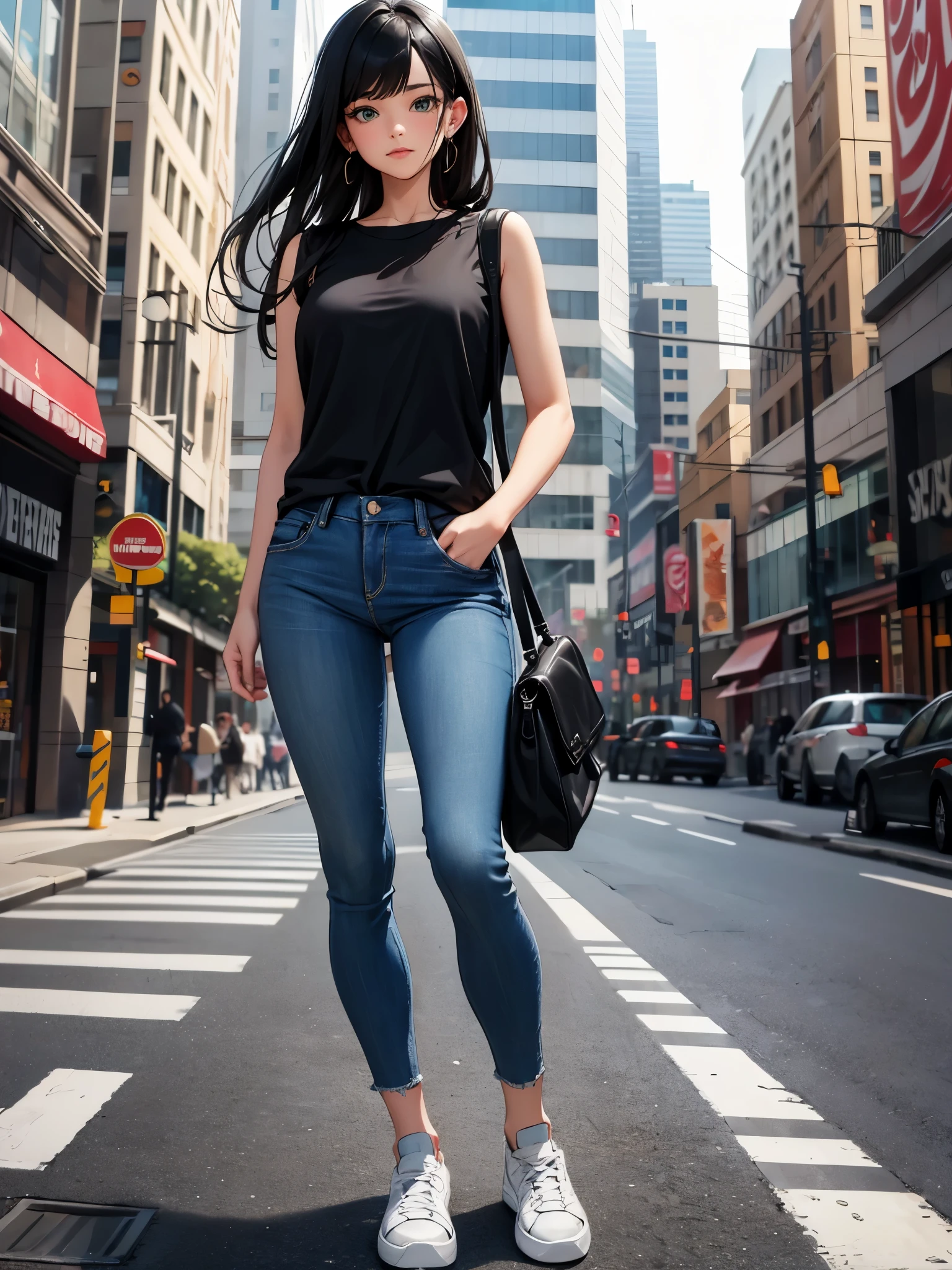 masterpiece, highest quality, solo, solo focus, (perfect face:1.1), (high detail:1.1), 1gire. age 26, street brawler, los angeles street backdrop, (black hair, long hair, side-swept bangs), green eyes, green striped t-shirt, blue jeans, sneakers, walking, full body shot, cowboy shot