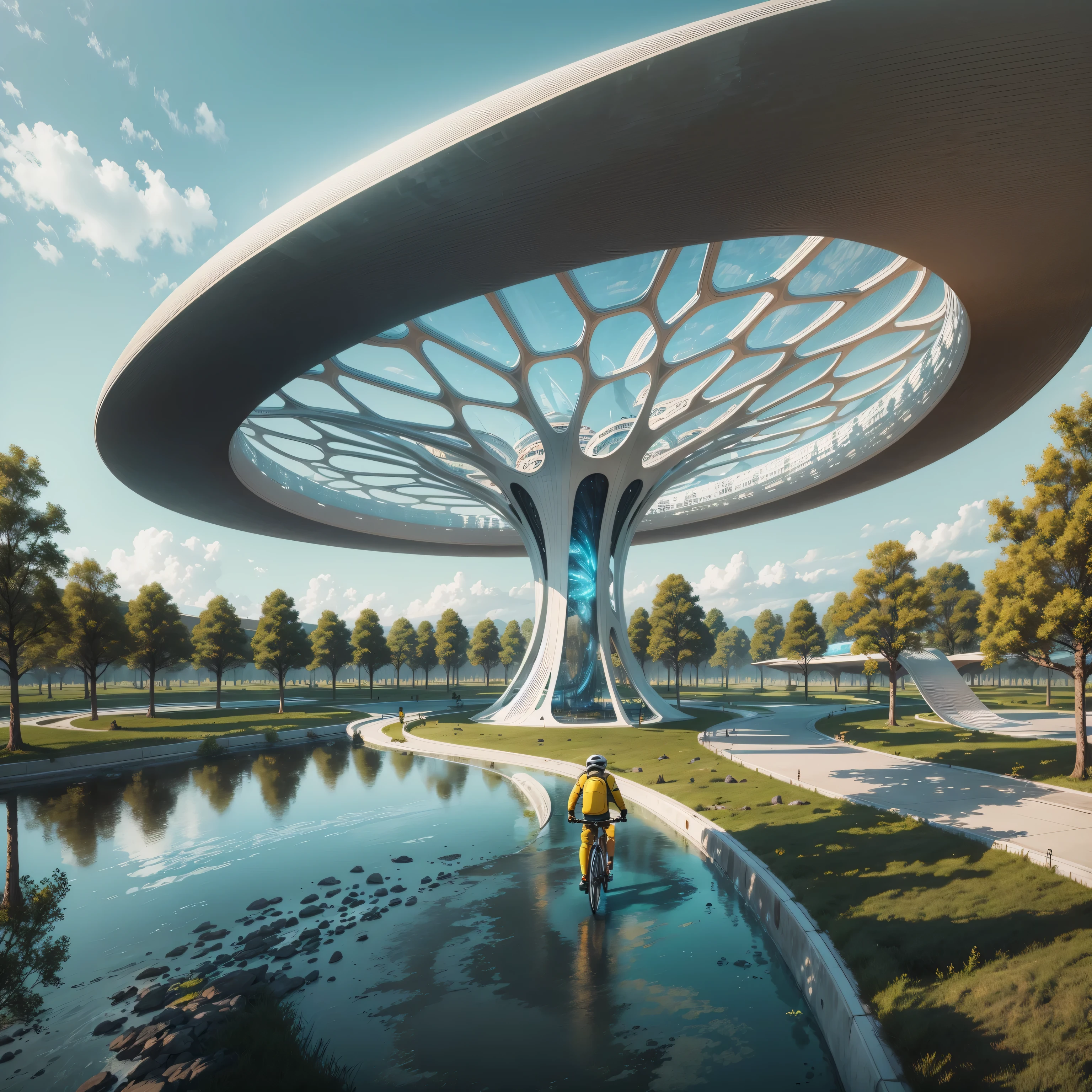 A man rides a bicycle in front of a big tree, Future Spaceport,Membrane structure, by Zha Shibiao, Alien Architecture, inspired by Zha Shibiao, detailed futuristic architecture, 3 d render of a scifi Spaceport, futuristic architecture concept, futuristic utopian architecture, futuristic architecture art, futuristic structure, alien structure, futuristic architecture, Spaceport