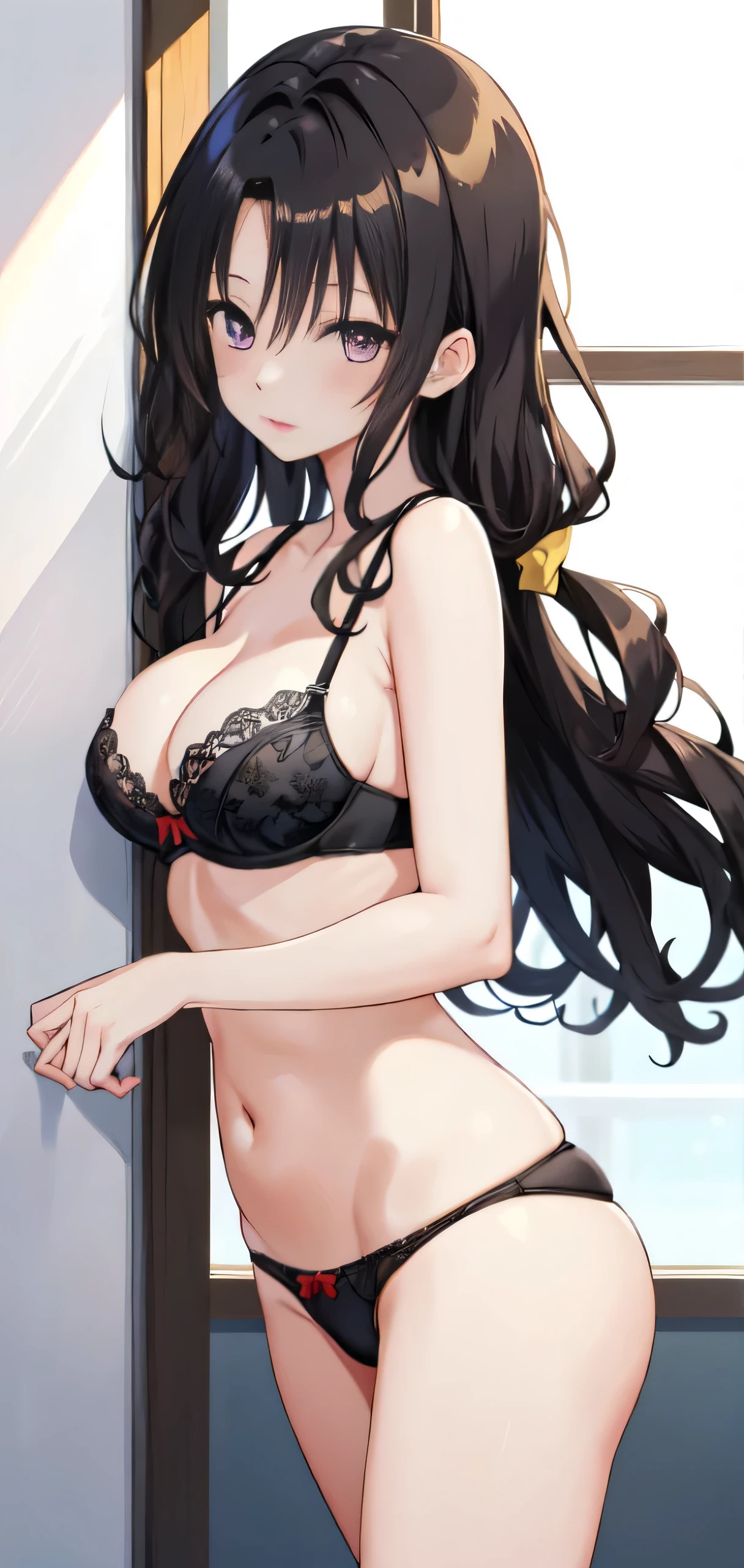 Anime Girls in a black bra with a yellow bow and black panty with a yellow bow、Woman with short brown hair、Purple eyed woman、Wavy Hair、Brown hair and perfect body、seductive anime woman、clothing:Black Bra、Black Panties、Tall Woman、Sexy vibe、Anime Moe Art Style、Big Breasts、woman with very large breasts、(Anime Girls)、attractive Anime Girls、Naughty anime style、Beautiful attractive anime teen、Smooth anime CG art、White background、indoor、cleavage、bra with an black、panty with an black、whole body、A girl is standing、Digital anime art!!、female focus、 Perfect body、sexy Anime Girls、Full Body、Best anime girl、solo、Underwear only、Bra and panties only、8k!!、High resolution!!、