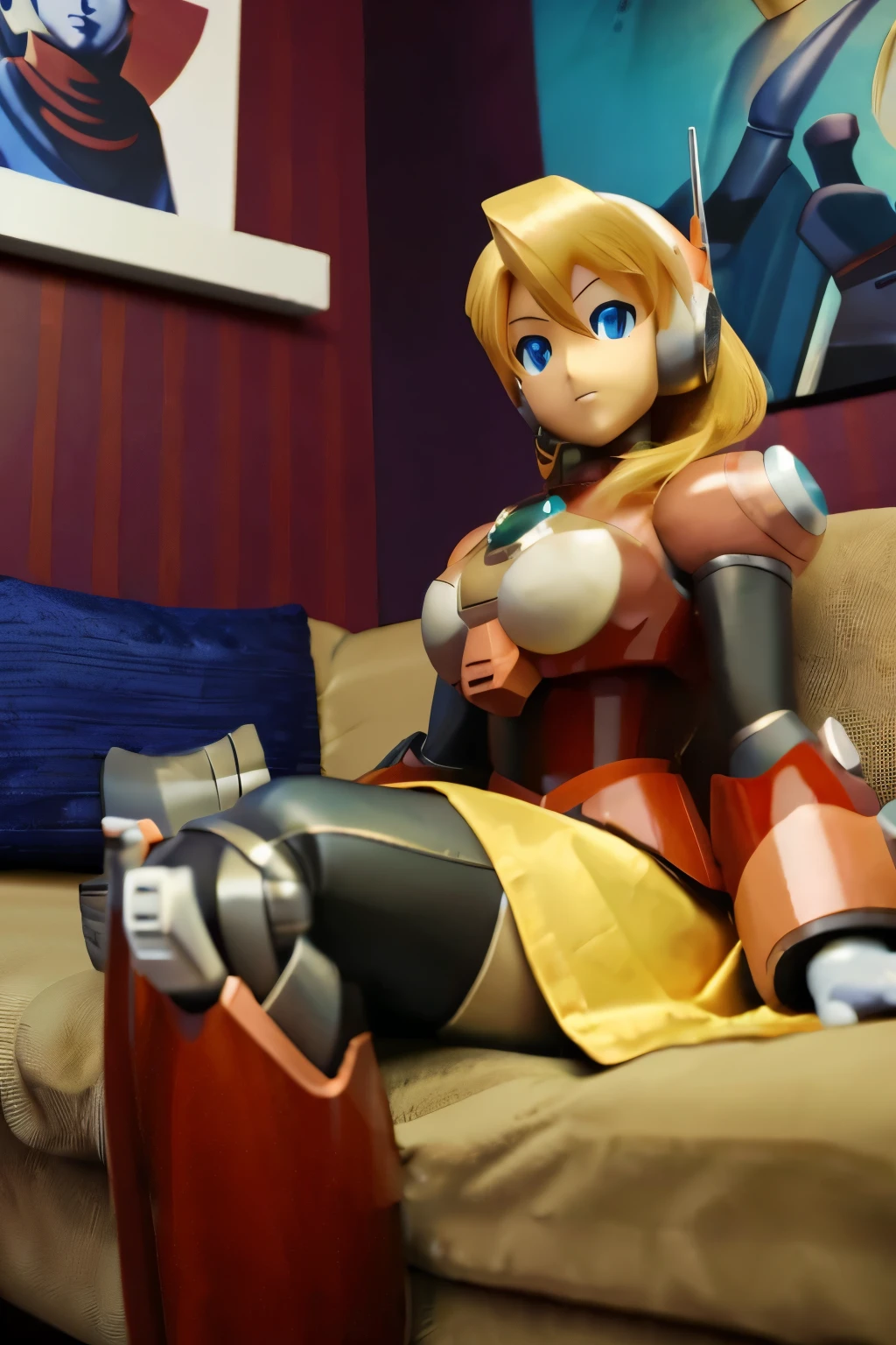 (insanely detailed, beautiful detailed face, masterpiece, best quality) robot woman, reploid, alia (megaman x), blond hair, at home, sitting on couch, empty eyes, hypnotized, pendulum