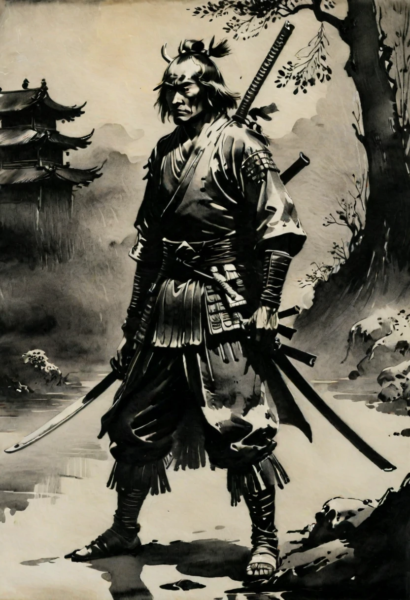 samurai, by Norman Ackroyd, best quality, masterpiece, Representative work, official art, Professional, Ultra intricate detailed, 8k