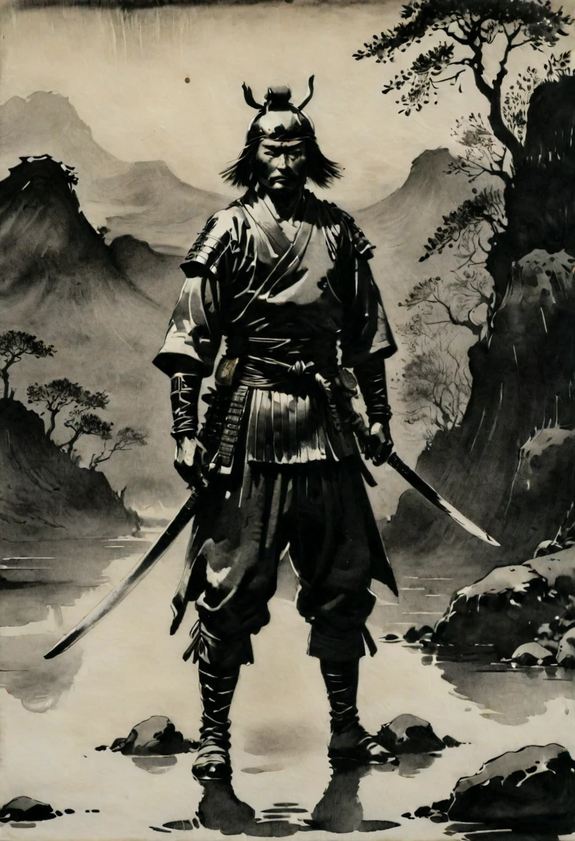 samurai, by Norman Ackroyd, best quality, masterpiece, Representative work, official art, Professional, Ultra intricate detailed, 8k