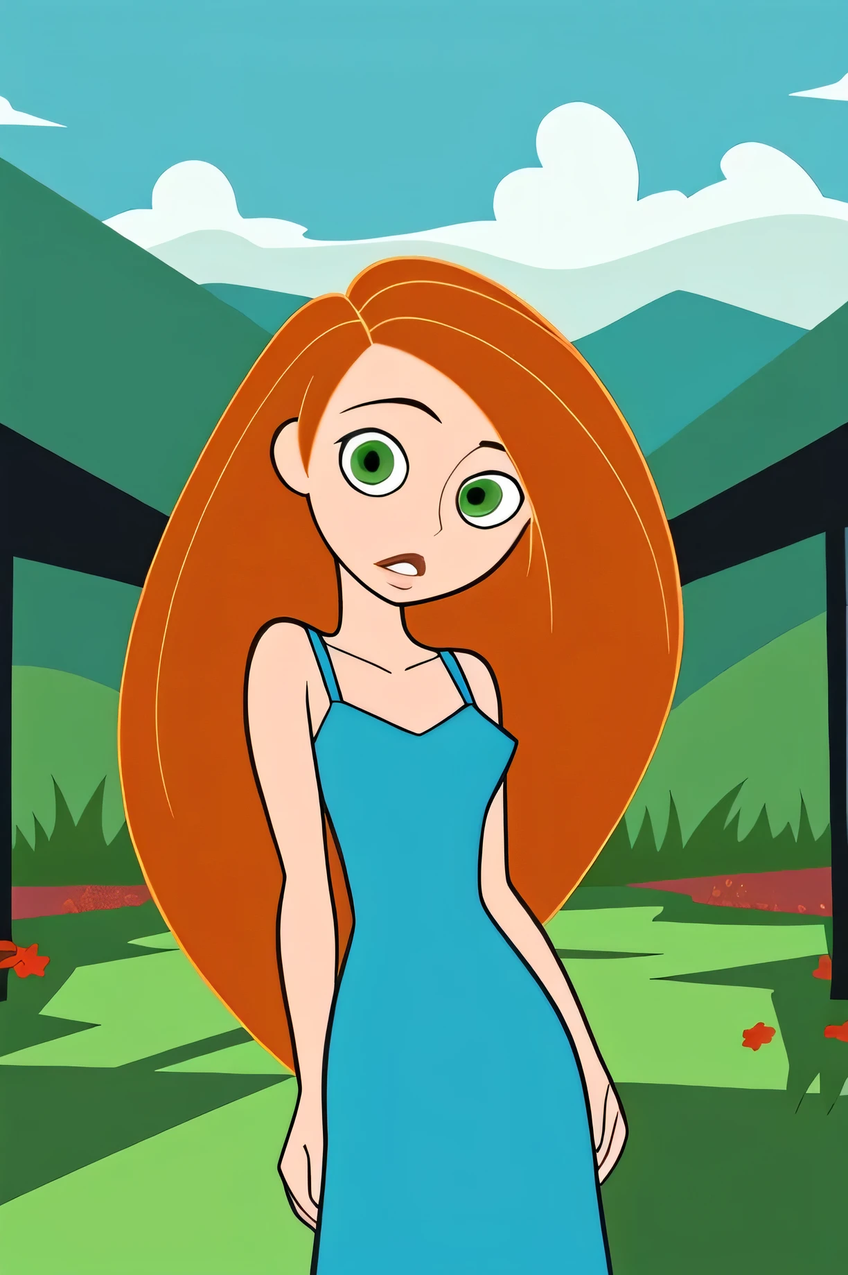 (masterpiece, best quality:1.3), 1girl, looking at viewer, kimberly ann possible, embarrassed, lips, contrapposto, collarbone, bare shoulders, blush, colored skin, orange hair, long hair, absurdly long hair, green eyes, strap blue dress, blue sky, clouds, garden, landscape, 