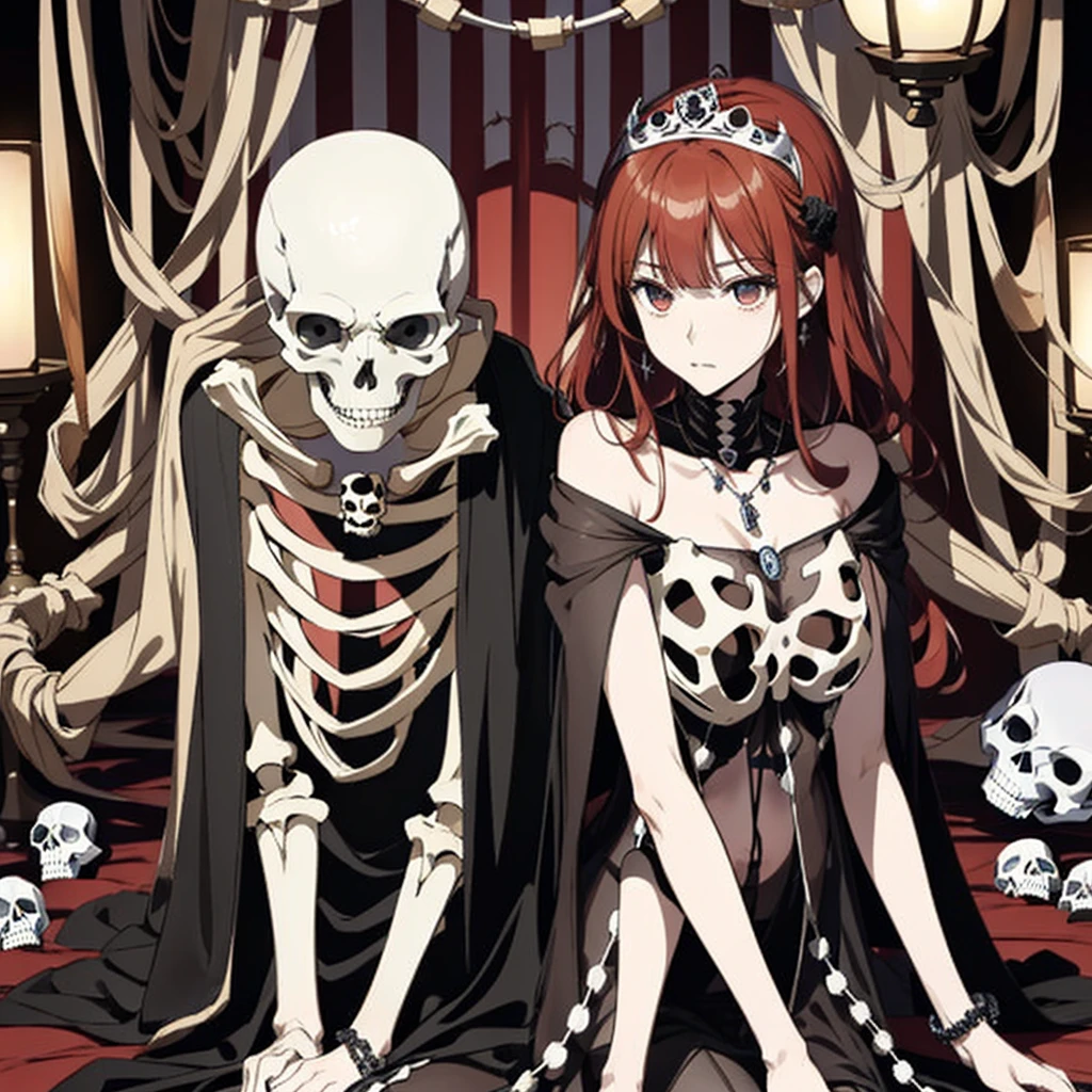 ((highest quality)), ((masterpiece)), (be familiar with), Perfect Face、魅惑の身体
serika（FE）、women are１Only people＝serika、Red hair、The perfect proportions、semi-long、necklace、Bangles、Caster wheel、Luxury Accessories、first round、Fallen into evil、Skeleton Fall、Blank look、Engagement Rings、Hollow Eyes、Dark Room、Red magic circle on the floor、大量のSkeleton Candelabraと蝋燭、darkness、Skeleton Altar、A large number of skull objects、Big magic circle on the floor、Skeleton Candelabra、Luxury Jewelry、Skeleton Crown、Large skull pendant、empty eyes、Apathy、Expressionless、Bone ornaments、Skull Accessories、Temple of the Skeletons、Skeleton Crown、Skull Kingは男性、A ton of skeletons、pregnancy、Last month of pregnancy、全naked、naked、Bones become clothes、wear bones、Becoming a bony body、Skull Kingは夫、bones costume、Skull Kingの妻になる、Skull Kingと仲良く寄り添う、Skull Kingと寄り添う、Skull Kingは大きい、Black bed with bone decoration、Skull Kingと抱き合いながらキスをする、Wear a skeleton on your head、incorporated into bones、Bed In、The man is a skeleton＝Skull King、Making love with a male skeleton on the bed