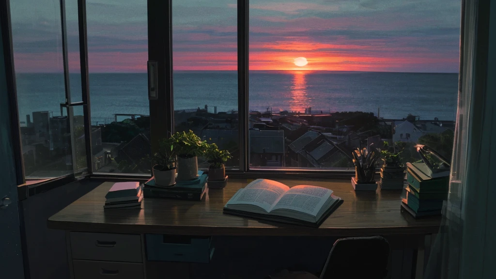 Studying at a desk while listening to lo-fi music,I have headphones on,Outside the window, you can see the ocean at dusk.