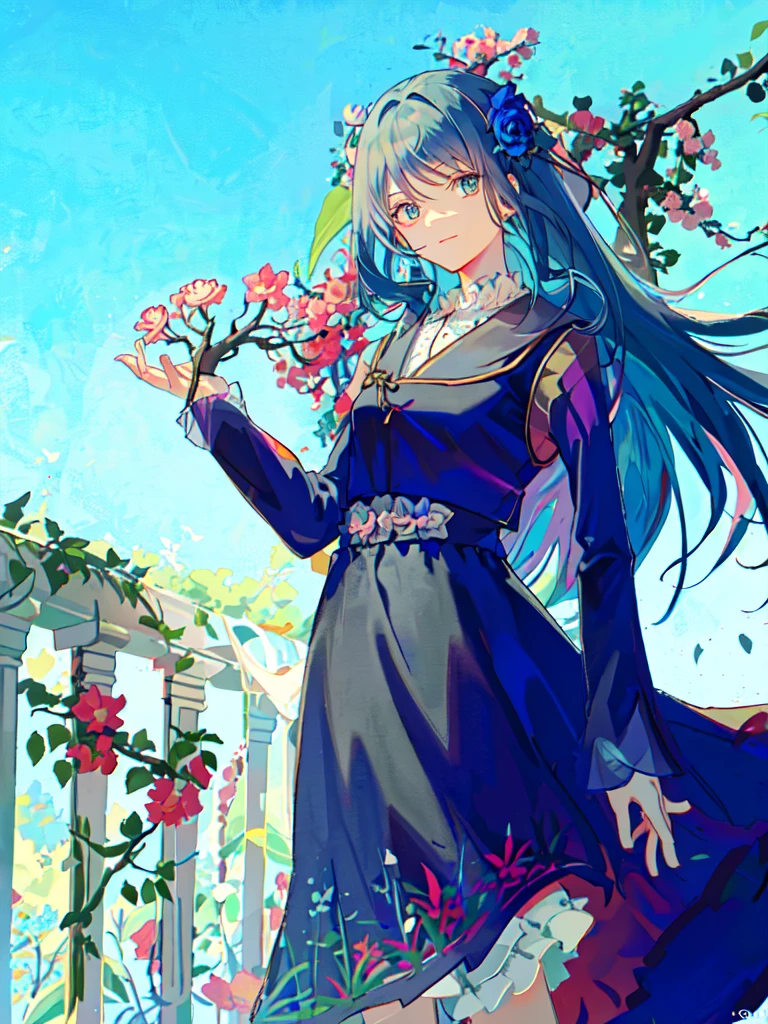 anime girl with long blue hair and a dress holding a flower, with flowers, inspired by Eizan Kikukawa, zerochan art, she is the center of the garden, holding flowers, , official art, by Eizan Kikukawa, inspired by Munakata Shikō, by Shingei, in garden,Begonia flowers,Railing vines