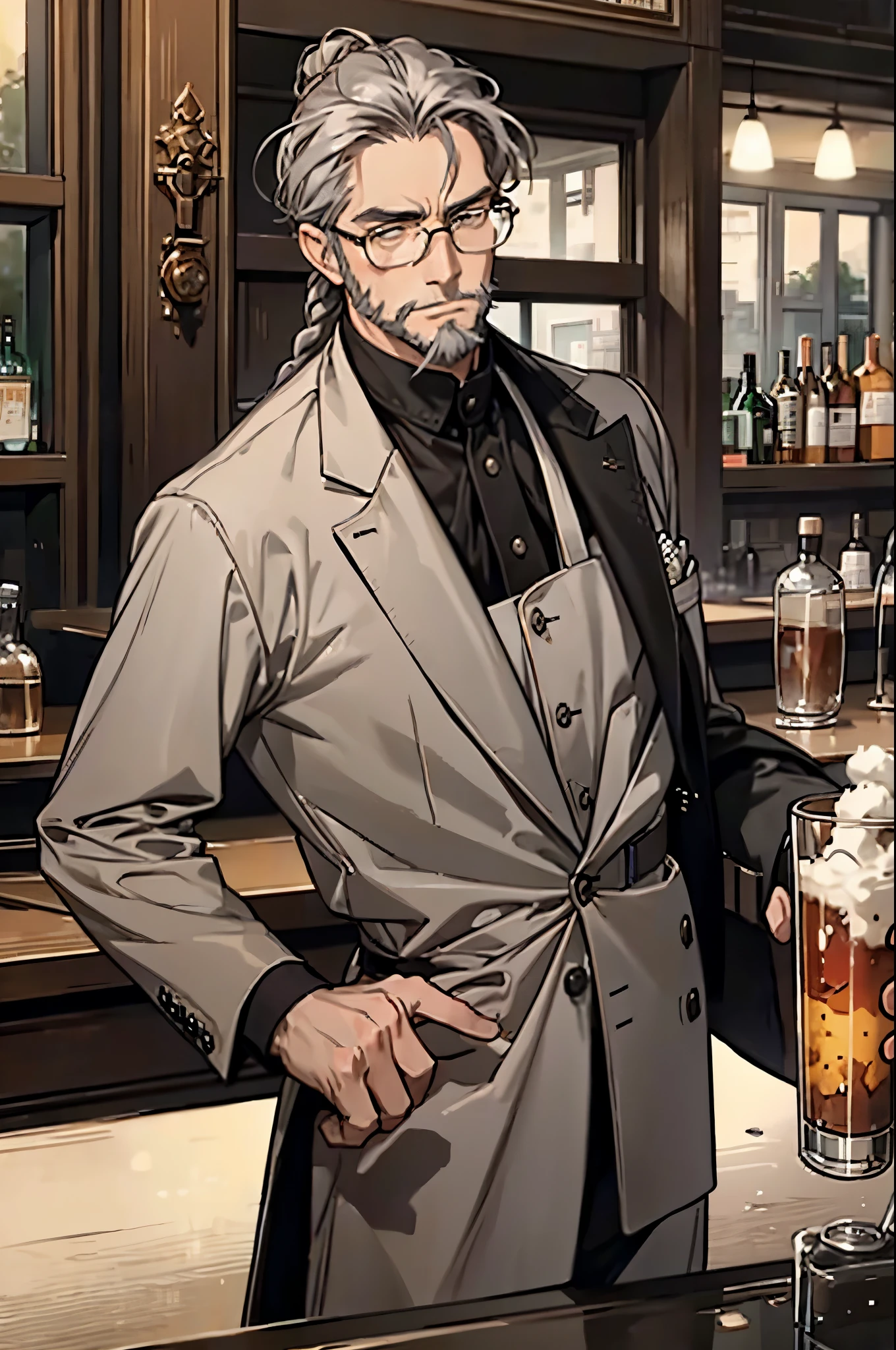 masterpiece , best quality , man , suit , Gray hair , braid hairstyle , gentleman , glasses , old man with a beard , at the bar , melancholy expression