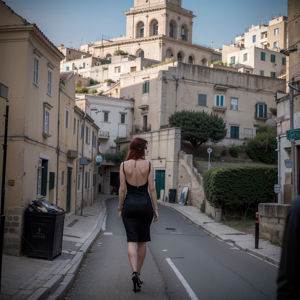 sassi_di_matera, (a religious Italian woman climbs a country road towards a church in the hills), a church at the top of the hill, ((gorgeous Lady walking in the streets of Matera. 1woman redhead wearing a night black dress with open back)), atmospheric oliva lighting, 4k UHD, dark vibes, hyper detailed, vibrant colours red sky background, epic composition, octane render, sharp focus, high resolution isometric, wide angle. (sassi_di_matera), realistic hands