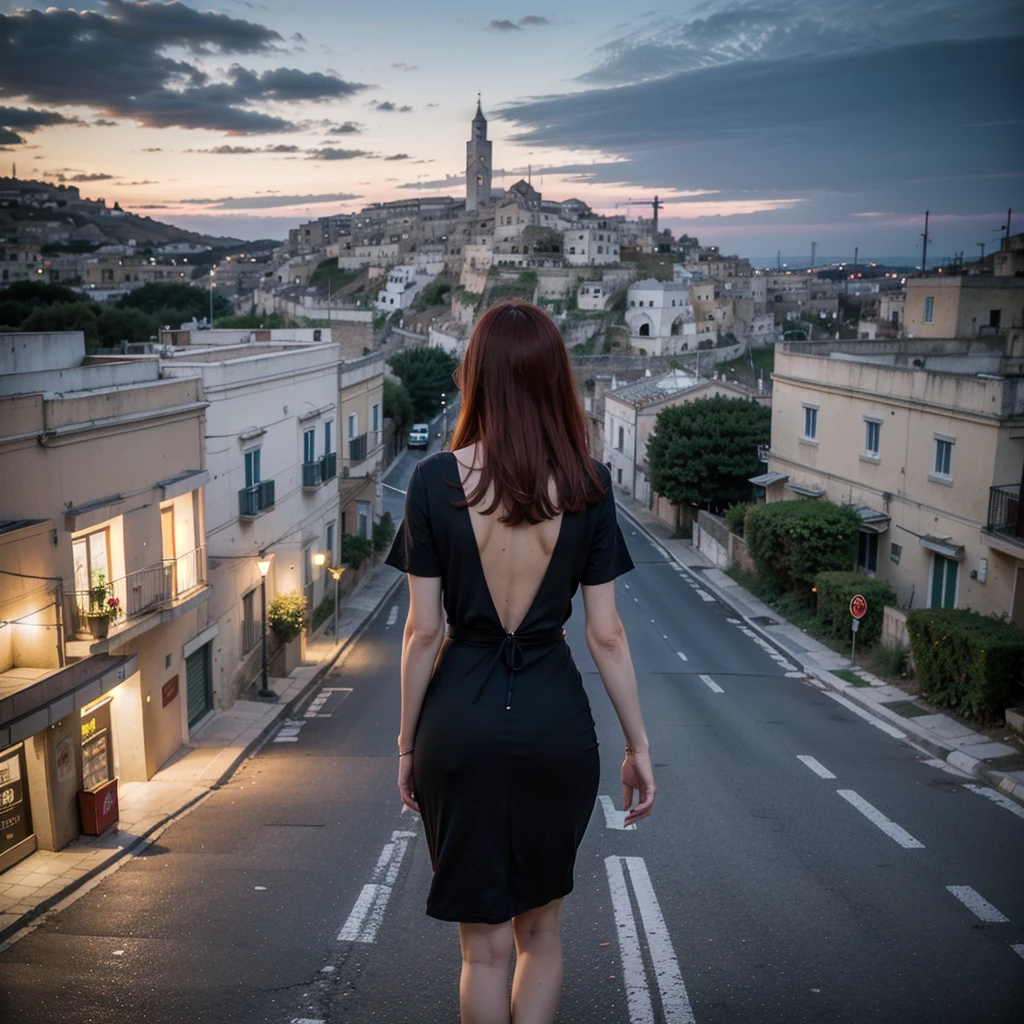 sassi_di_matera, (a religious Italian woman climbs a country road towards a church in the hills), a church at the top of the hill, ((gorgeous Lady walking in the streets of Matera. 1woman redhead wearing a night black dress with open back)), atmospheric oliva lighting, 4k UHD, dark vibes, hyper detailed, vibrant colours red sky background, epic composition, octane render, sharp focus, high resolution isometric, wide angle. (sassi_di_matera), realistic hands