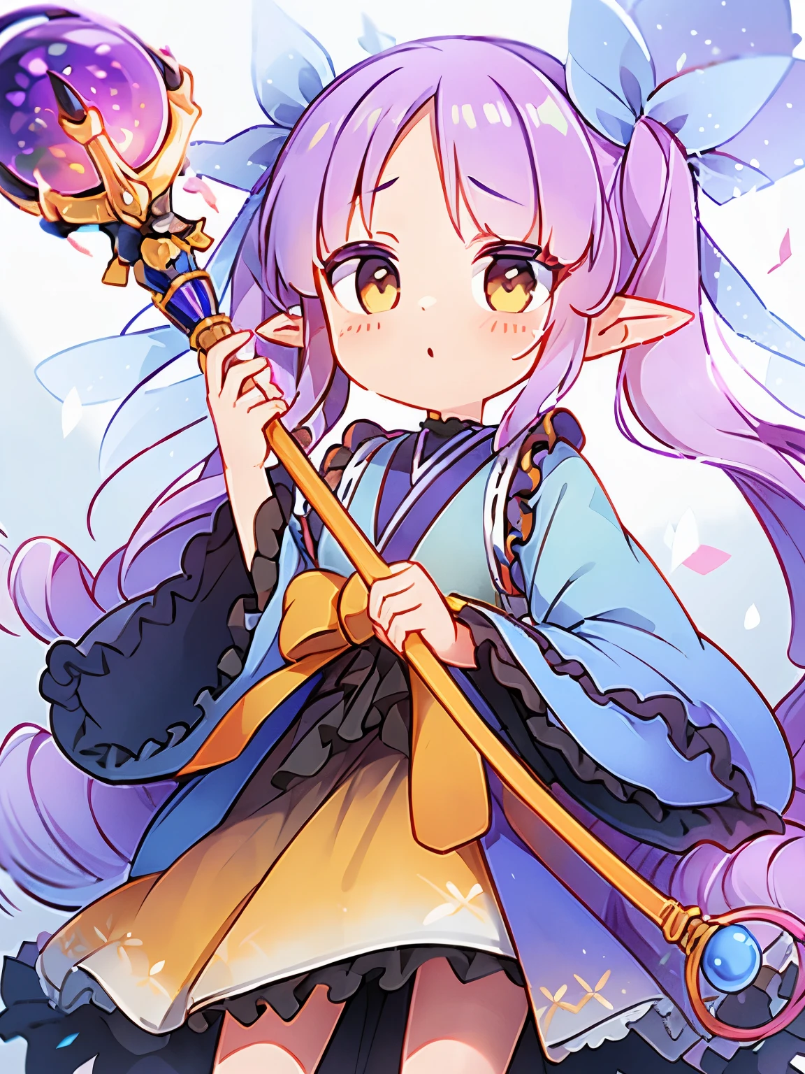 Light purple hair, Center-parted bangs, Big yellow eyes, Chibi,Pointy Ears,blue hair ornament,