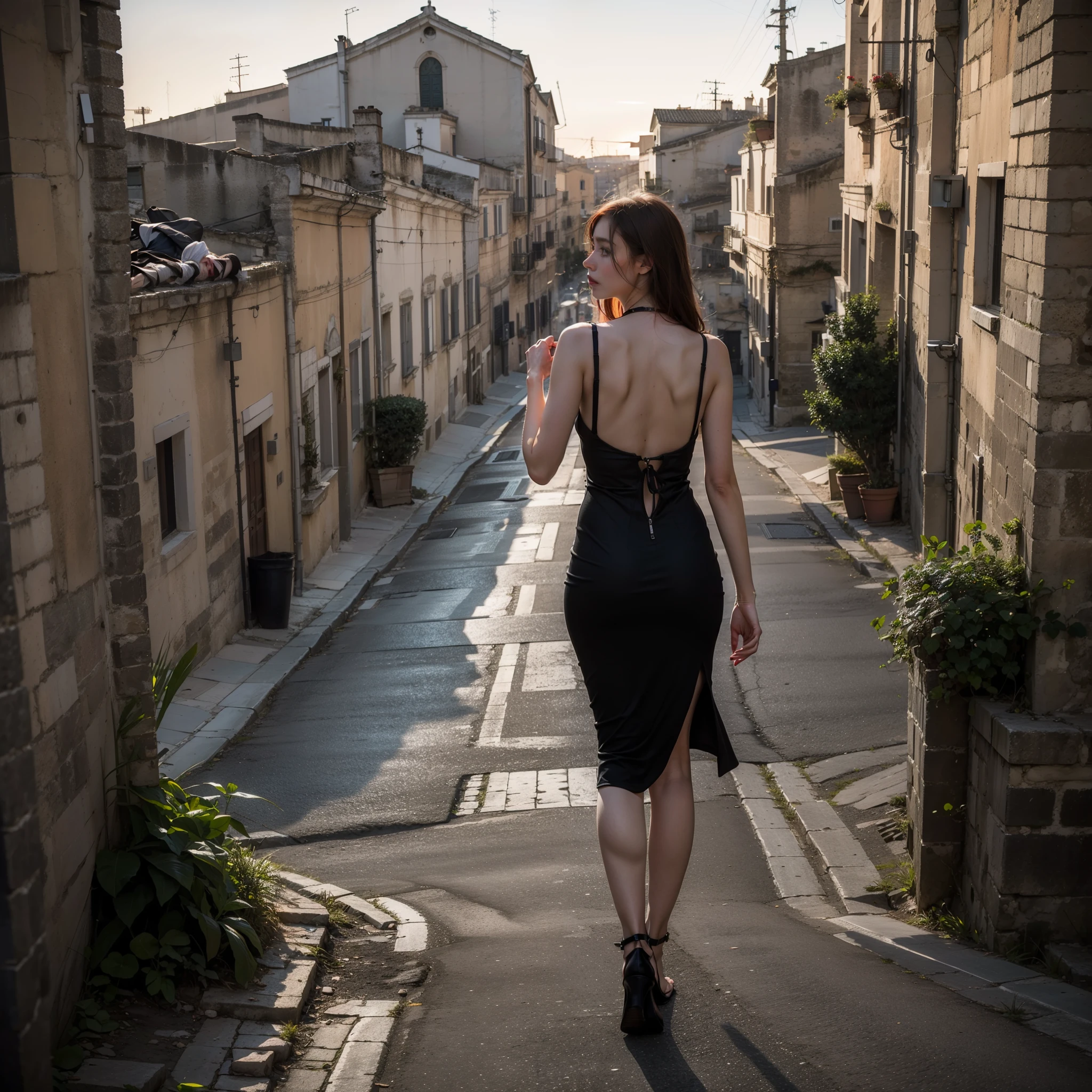 sassi_di_matera, (a religious Italian woman climbs a country road towards a church in the hills), a church at the top of the hill, ((gorgeous Lady walking in the streets of Matera. 1woman redhead wearing a night black dress with open back)), atmospheric oliva lighting, 4k UHD, dark vibes, hyper detailed, vibrant colours red sky background, epic composition, octane render, sharp focus, high resolution isometric, wide angle. (sassi_di_matera)