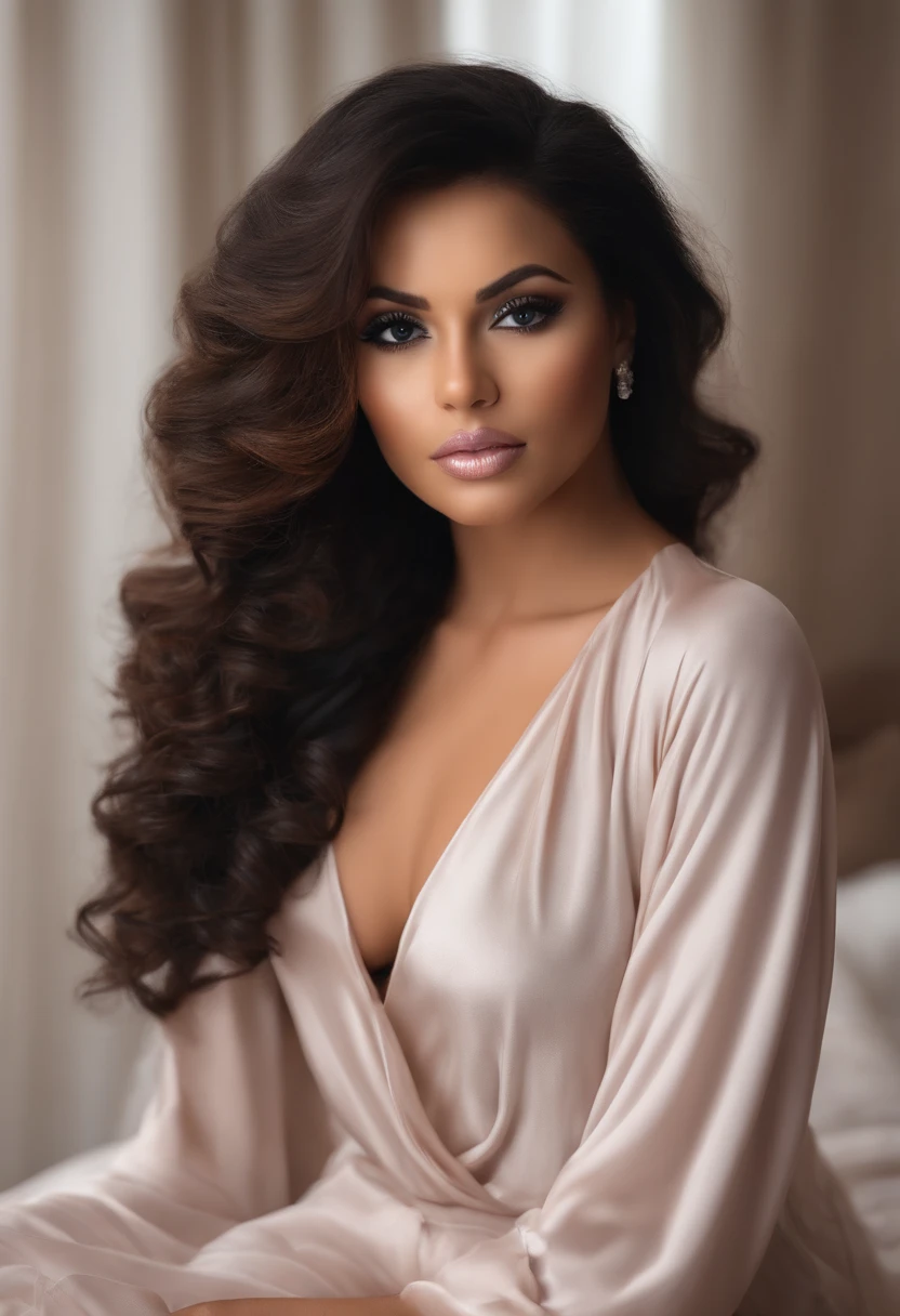 arafed femme pleinement , Fille aux yeux marrons, ultra realistic, meticulously detailed, Portrait de CHANTAL BIYA, cheveux noirs et grands yeux, selfie d'une jeune femme, Yeux de chambre, Violette Myers, sans maquillage, maquillage naturel, regarder directement la caméra, visage avec artgram, maquillage subtil, superbe photo de tout le corps à genoux sur le lit, dans la chambre, Medium to large bust