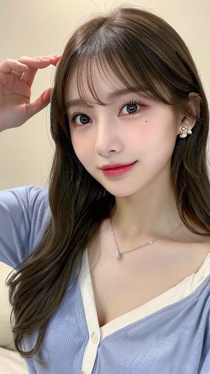 (1 very cute japanese girl,white_skin,18-year-old,wavy hair,inverted triangle face,cocked eyebrow,glowing eyes,bright_pupils,nose,heart-shaped mouth,lipgloss,light_blush,makeup,smile,earrings,necklace,pajamas,bedroom:1.8), 8k uhd,RAW photo,(real person:1.3),(highres:1.4),(detailed:1.5),(realistic:1.7),
masterwork,RAW photo,art portrait photography,real person,RAW photograph,ultra high res,photorealistic,best quality,(high detailed skin,skin details),visible pores,shiny skin,masterpiece,incredibly_absurdres,finely detail,colorized, an extremely delicate and beautiful,extremely detailed 8K wallpaper,8k high quality,film grain,DSLR,beautiful girl with beautiful details,(looking at viewer),professional photography lighting,extremely detailed eyes and face, eyes with beautiful details,analog style,please pay close attention to the details,blush,cute and playful,adorable,thin bangs,mole,(splendid and colorful:1.1),straightteeth,
