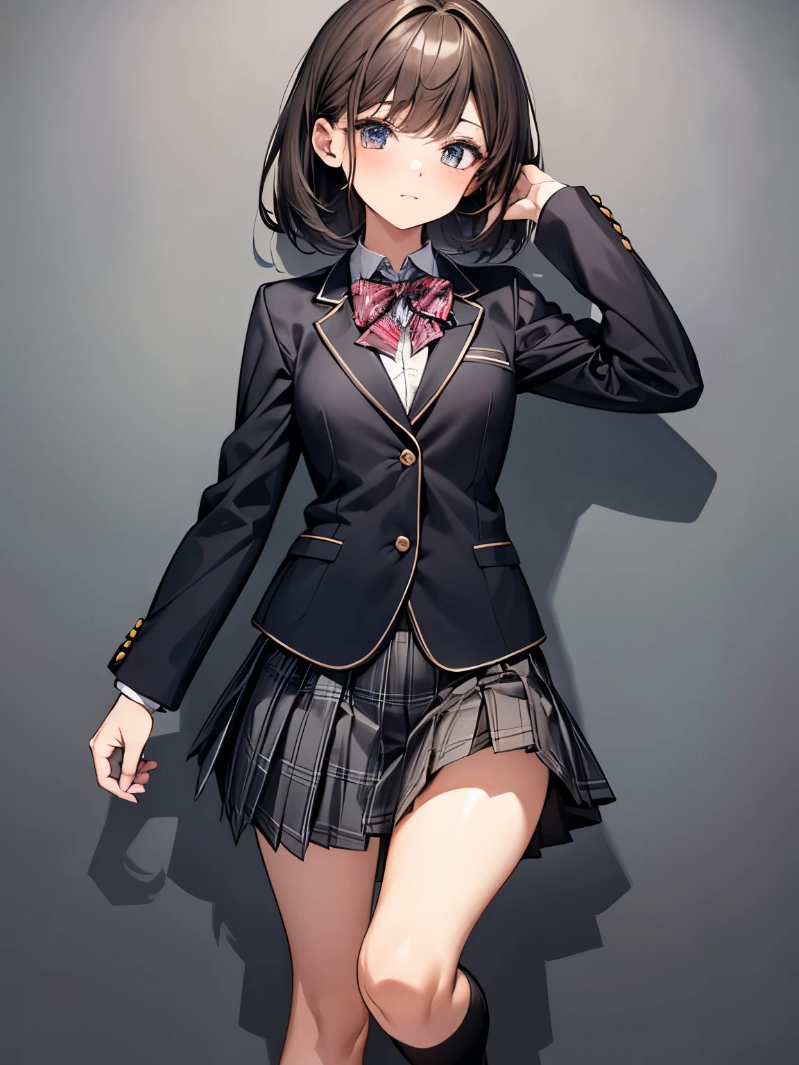 1 girl, Solo, Cute Girl, 13 years old, Best Quality, Ultra-detailed, 8K, High resolution, Detailed face, dark brown hair, bob hair, (((tareme:1.5, downer))), (((school uniform, dark gray blazer, bowtie, pleated skirt, gray skirt, plaid skirt, white socks))),