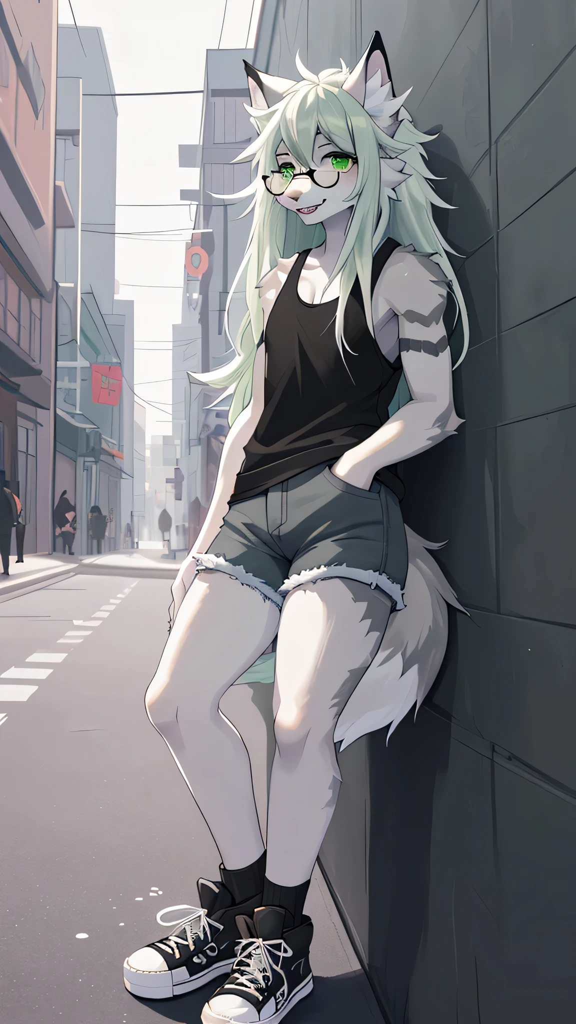 Solo:1.2, By claweddrip, by hyattlen, by fumiko, a cute female gray wolf, long hair, white green hair, green eyes, long white whiskers, cute gray tabby wolf ears, gray tabby wolf tail, tall, slender, wearing Jean shorts, absolute territory, scuffed black converse shoes, green tank top, hands in pockets, black beanie, large round clear glasses, high quality, fluffy ear tips, looking_away:1.3, leaning on a wall, in a vibrant city street, smiling, wolf teeth, full body in frame