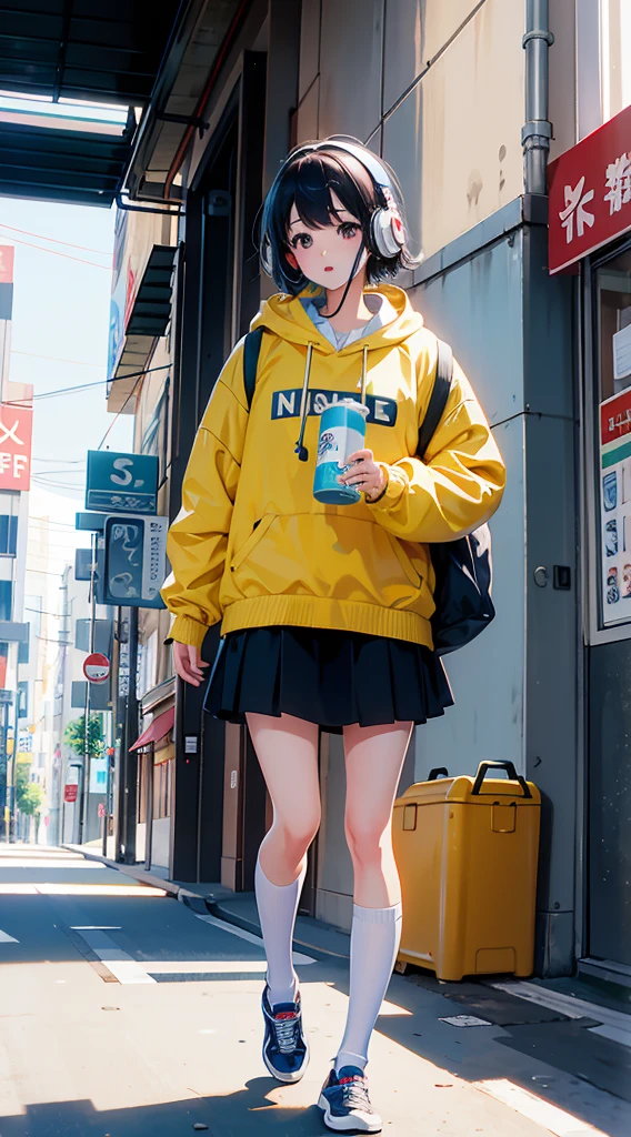 (masterpiece), (highest quality:1.4), (Ultra-high resolution:1.2), Highly detailed background, (unity 8k wallpaper), Cute high school girl wearing headphones walking through the streets of Tokyo。Illustrations inspired by city pop culture、、Stylish and nostalgic neon lights at night in loose socks、Create an atmosphere、Display one subject without splitting the screen