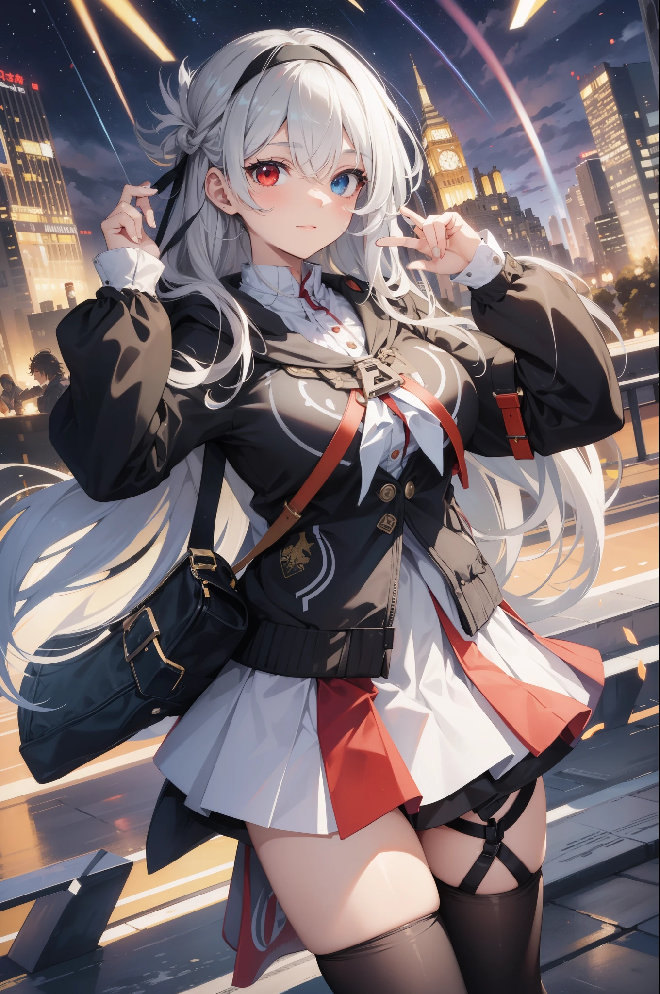 (best quality:1.3), (masterpiece:1.3), (illustration:1.3), (ultra-detailed:1.3), (mid shot:0.9), 1girl, heterochromia eyes, (((red right eye and gray left eye))), (((red right eye))), (((gray left eye))), (((heterochromia))), black headband, white hair, bangs, open sweater hoodie, solo, (((large breasts))), tall, mature, night sky, starry sky, long hair, light smile, skirt, pantyhose, mature, 20 years old,