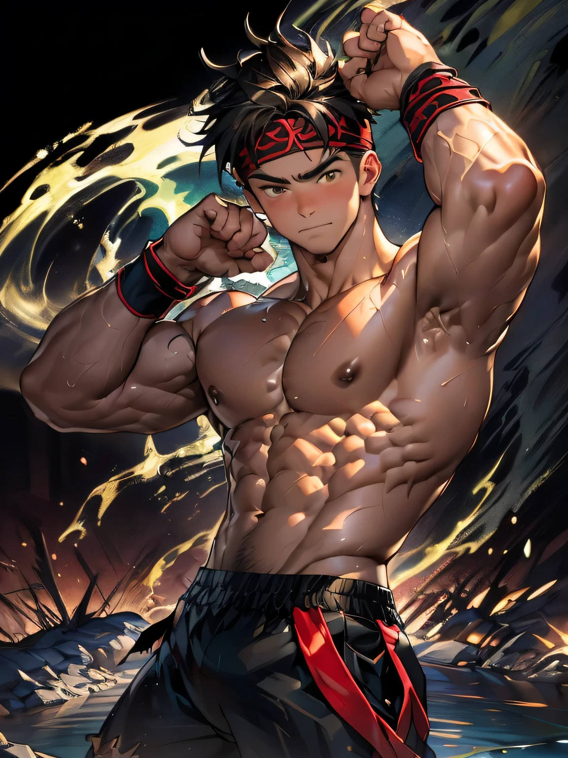 (Masterpiece, Best quality 19 year old boy, black background), solo, Young, boy, muscler, Shirtless, topless, (Dark Short straight hair, under cut, brown eyes), (torn clothes, red headband, ((black wristband))), Vivid colors, (hot Abs:1.2, abs!, big abs, big breast:1.2, chest!, muscler upper arms), (topless male), muscler!, muscler body, (aura power:1.4), detailed face, detailed muscle, (((A magical mystical aura, dynamic combat pose, action, rippling muscles)))
